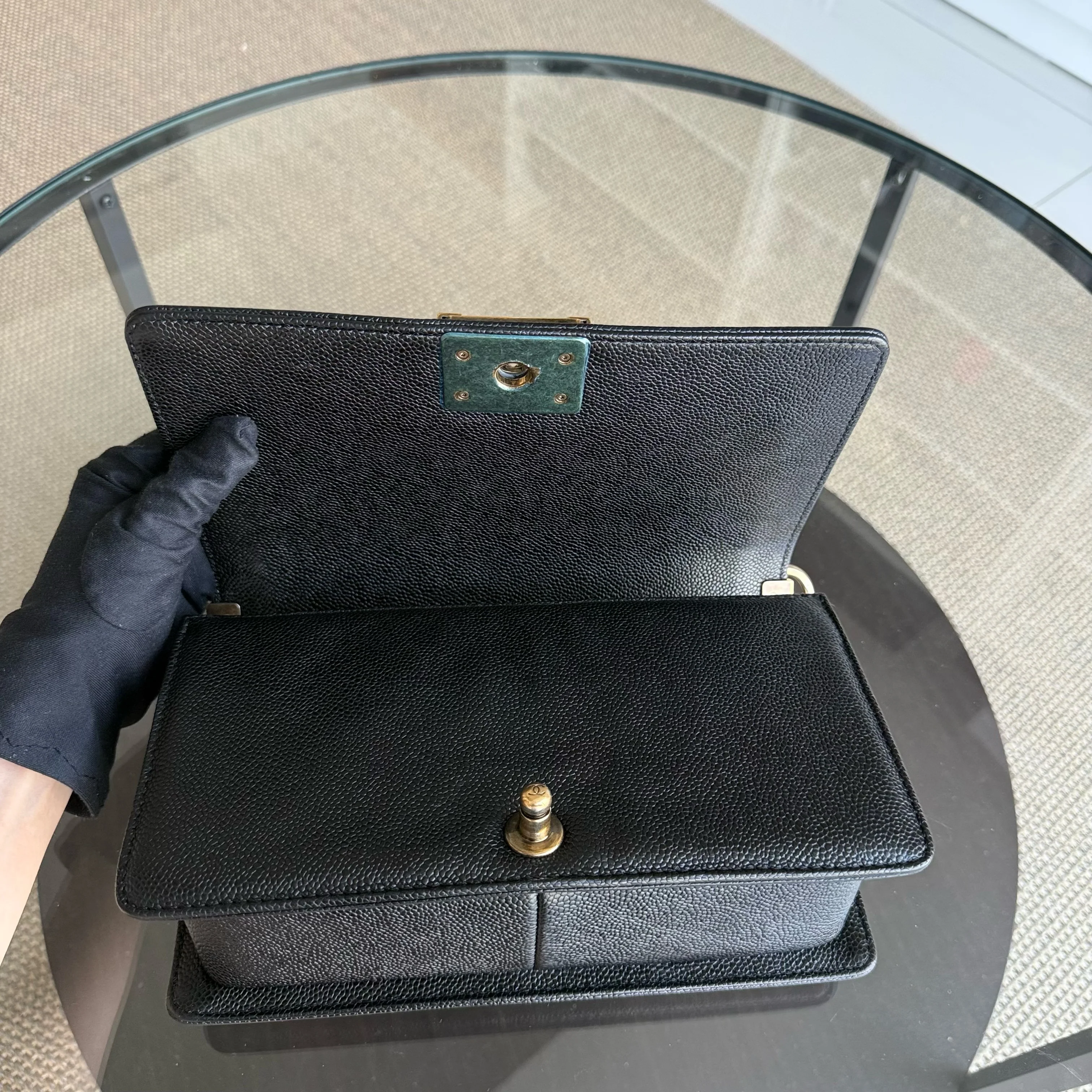 Chanel Boy Old Medium - Caivar Quilted Grained Calfskin Black Ruthenium Gold Hardware Series 19