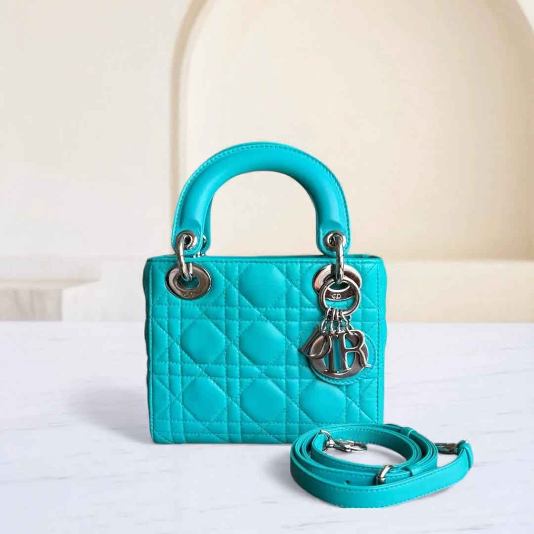 Dior Lady Mini - Cannage Lambskin Cyan Blue Silver Hardware Adjustable Strap