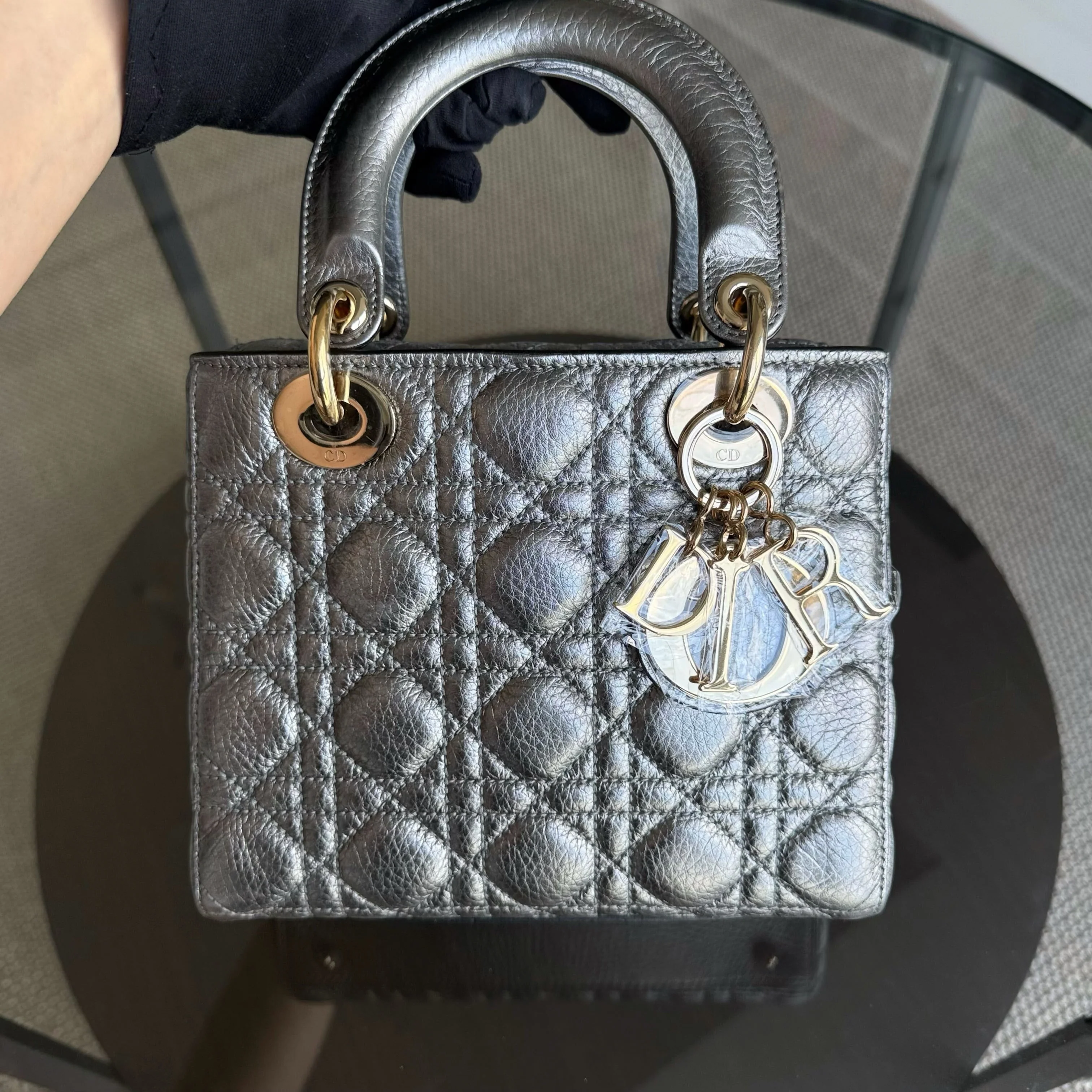 Dior Lady Small - Cannage Gray Calfskin Gold Hardware