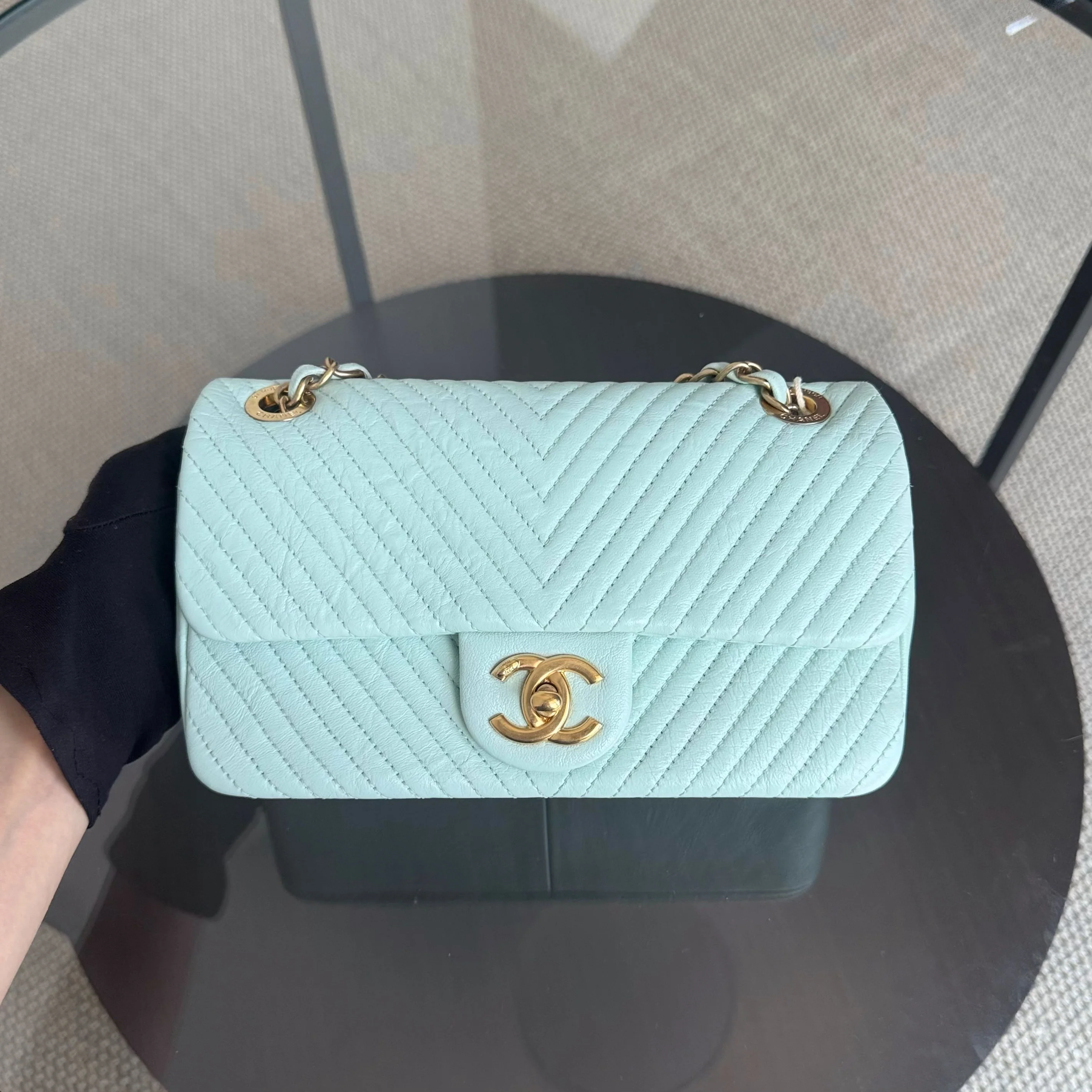 Chanel Seasonal Flap Small - 23CM Surpique CC Herringbone Medallion Flap Chevron Mint Green Gold Hardware Series 20