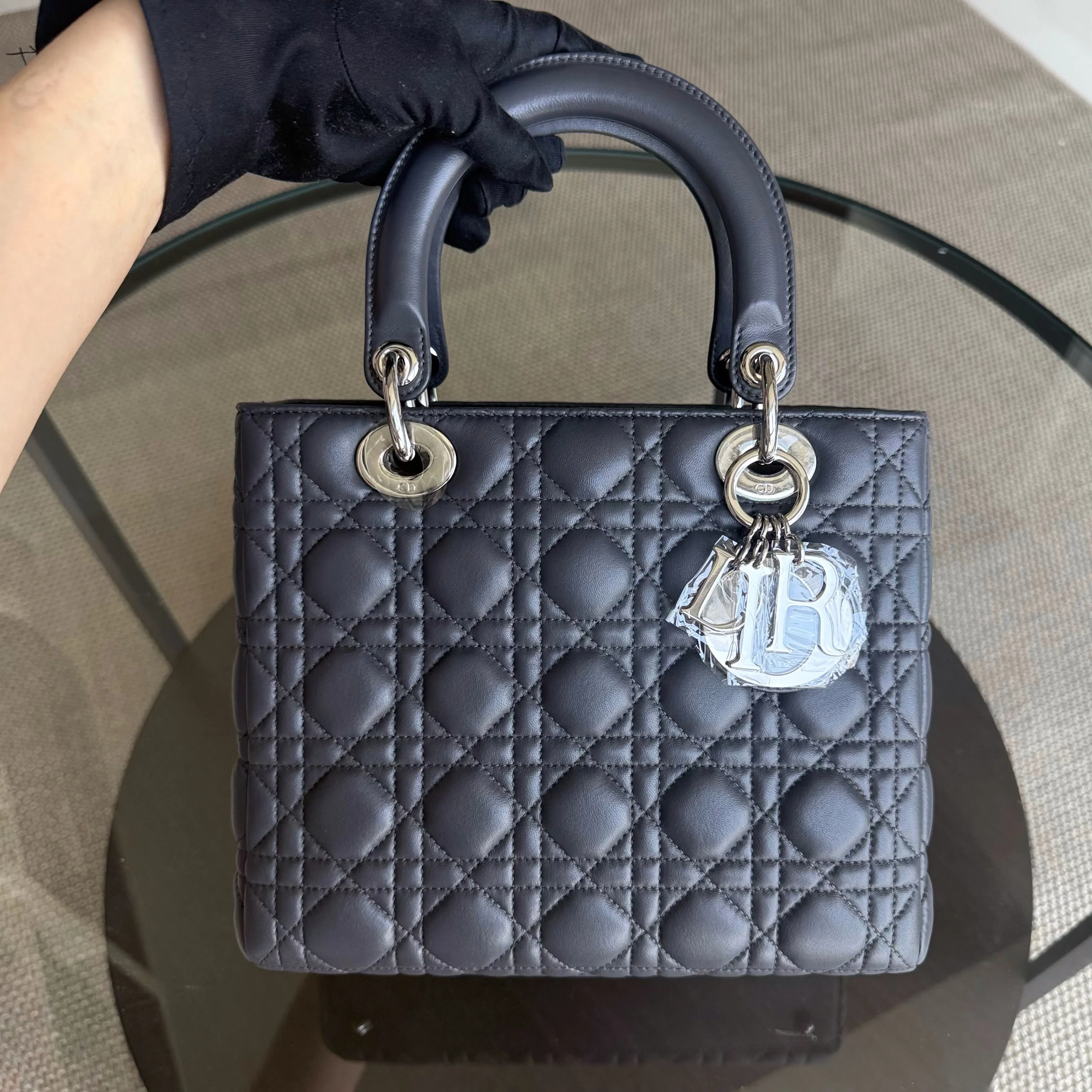 Dior Lady Medium - Cannage Lambskin Dark Gray Silver Hardware