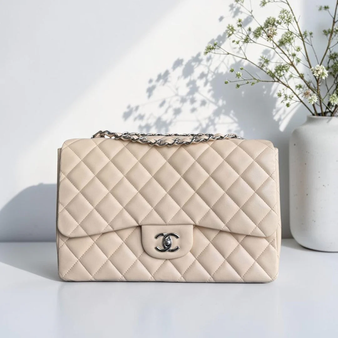 Chanel Classic Flap Jumbo - 30CM Single Flap Quilted Lambskin Beige Silver Hardware Series 14