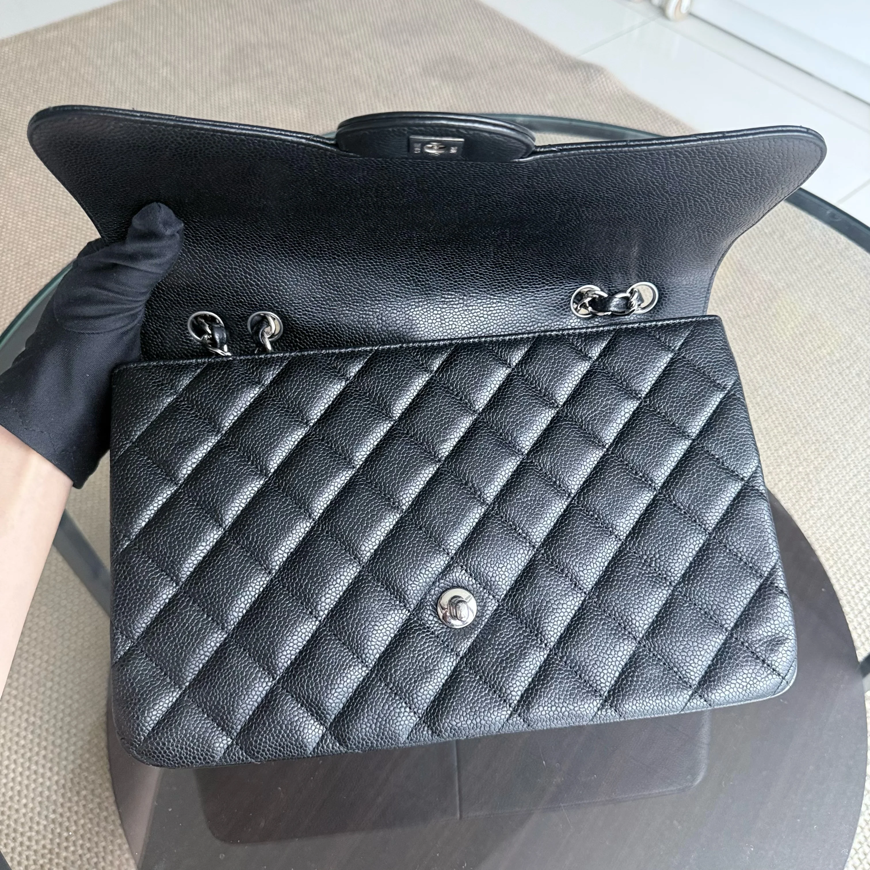 Chanel Caviar Jumbo Classic Flap Quilted Grained Calfskin Black Silver Hardware Series 13
