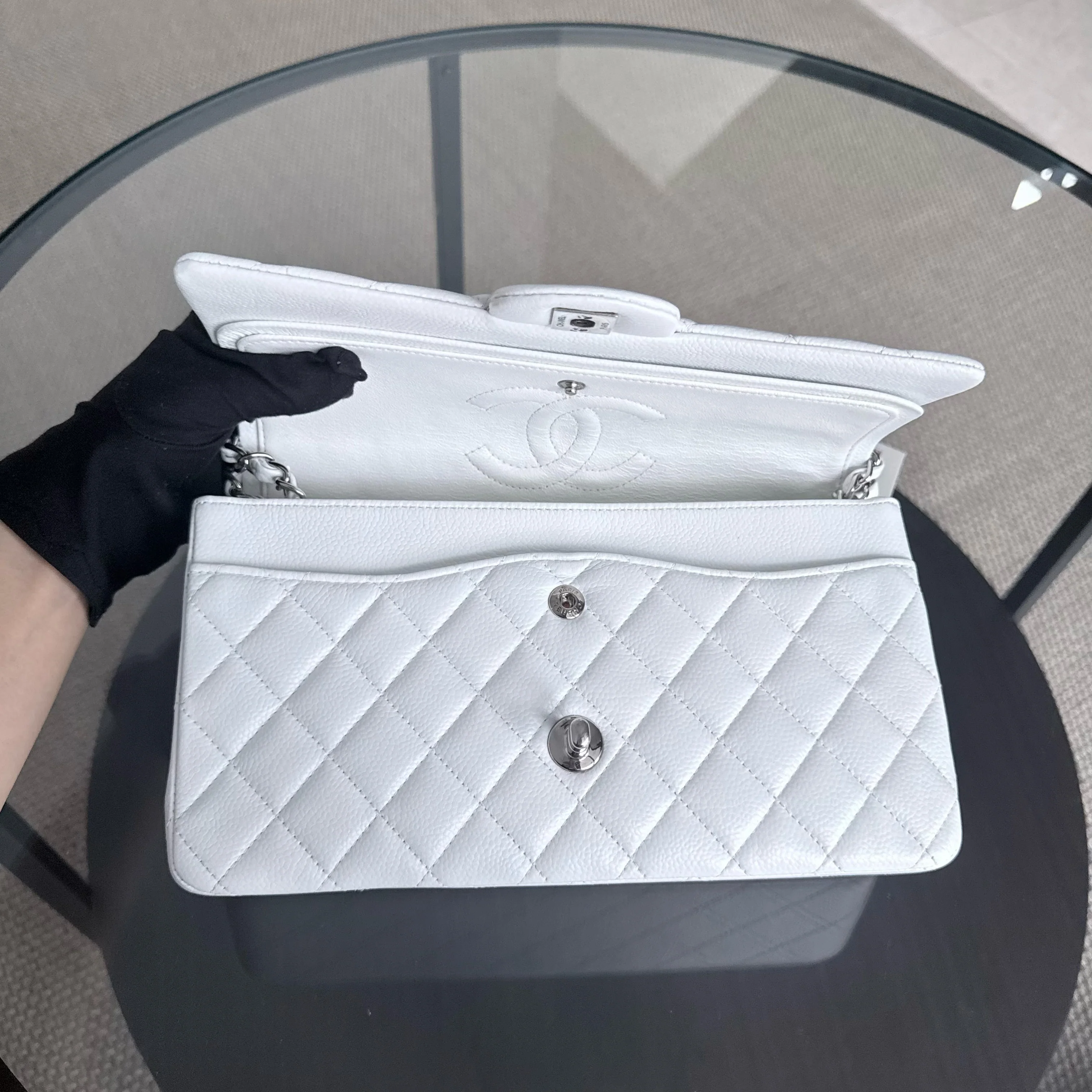 Chanel Classic Flap Medium - Caviar Quilted White Silver Hardware Series 18