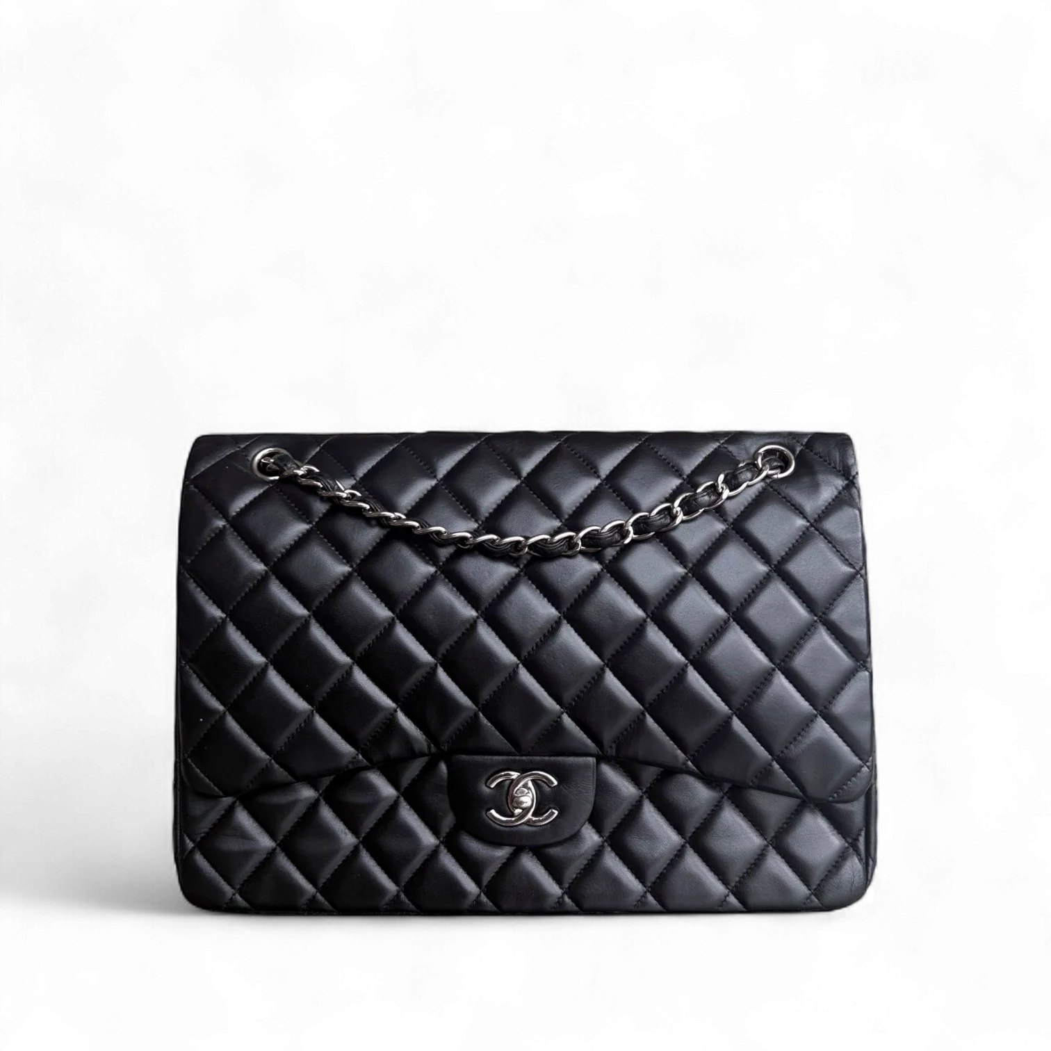 Chanel Classic Flap Maxi - 33CM Quilted Single Flap Lambskin Black Silver Hardware Series 13