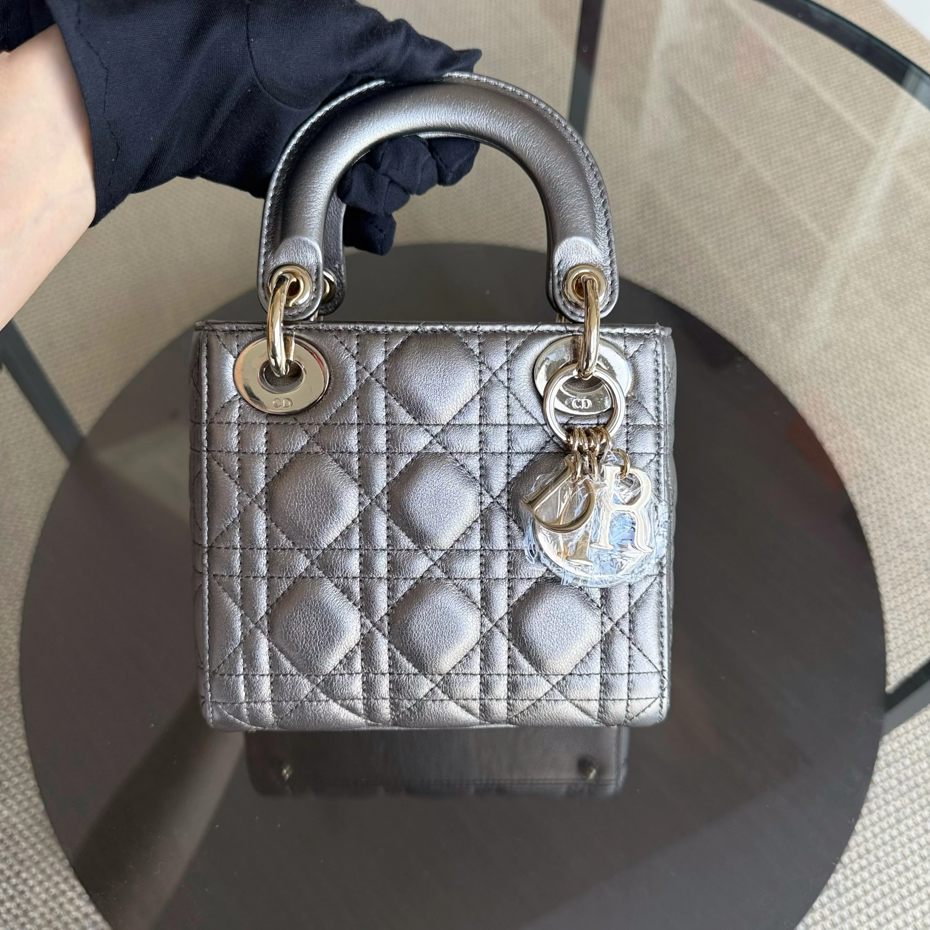 Dior Lady Mini - Cannage Calfskin Gunmetal Gold Hardware Chain Strap