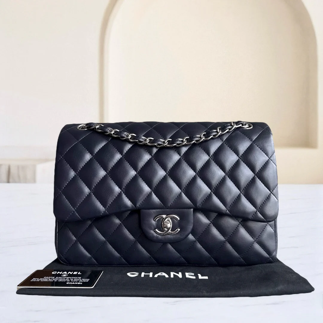 Chanel Classic Flap Jumbo - Double Flap Lambskin 30CM Quilted Dark Navy Blue Silver Hardware Series 23