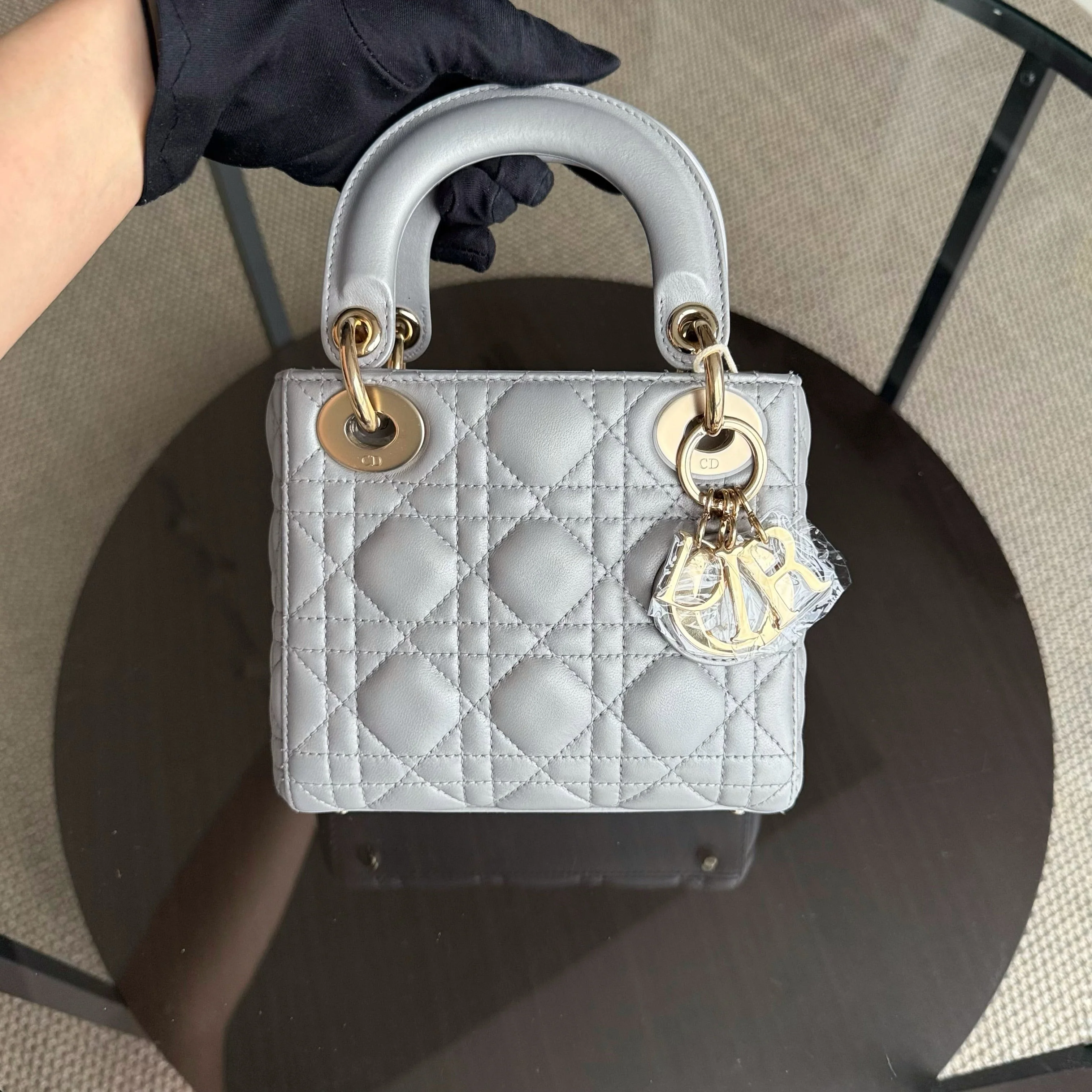 Dior Lady Mini - Cannage Lambskin Gray Gold Hardware Chain Strap