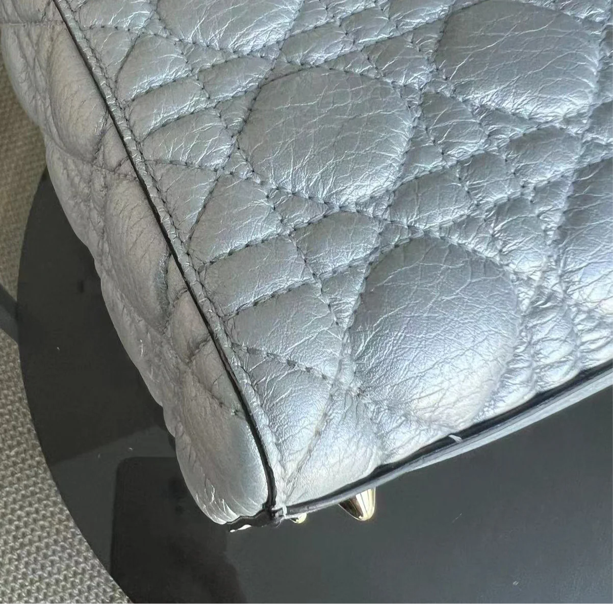 *Flap Open* Dior Lady Medium - Grained Calfskin Metallic Silver Golden Hardware