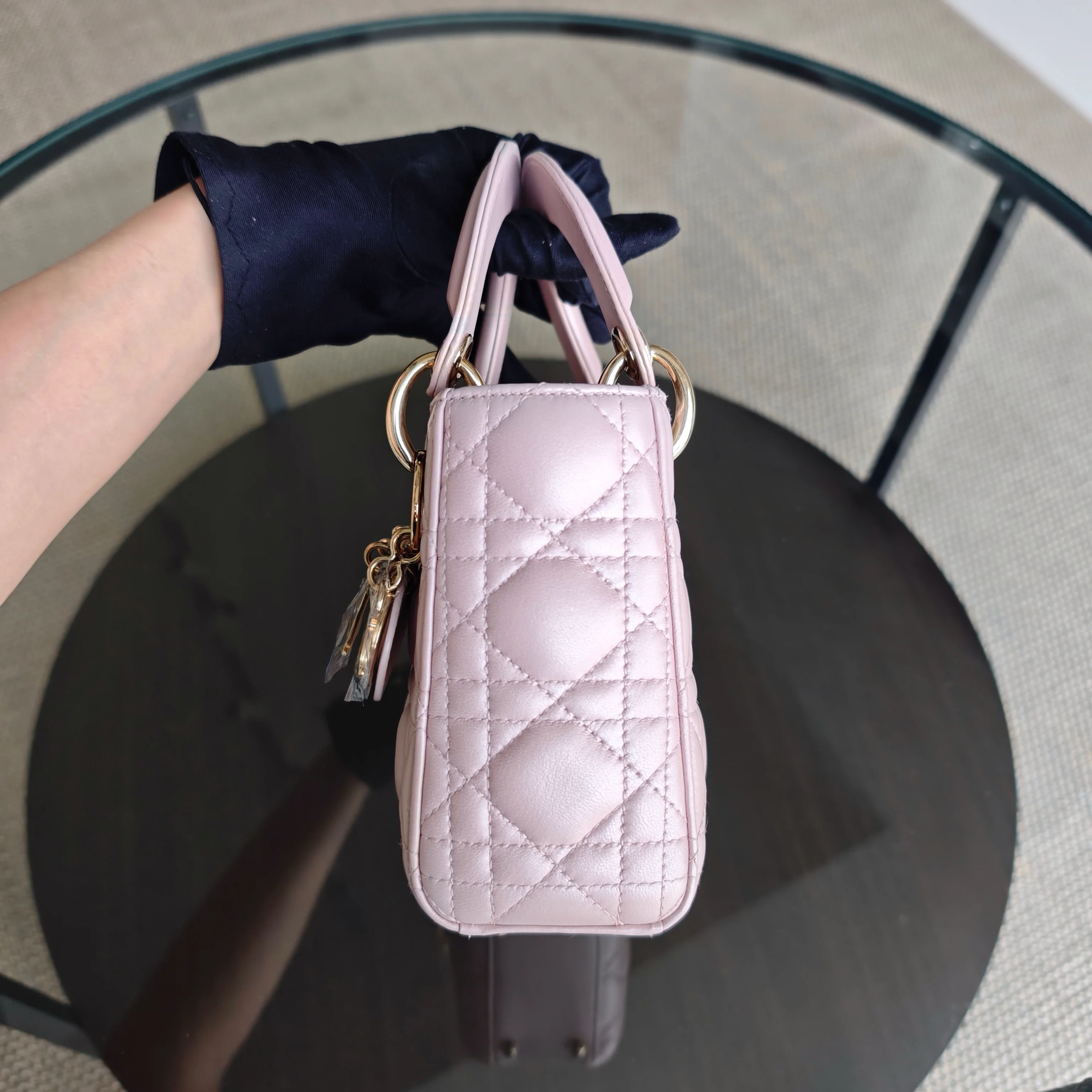 Dior Lady Mini - Cannage Lambskin Light Pink Gold Hardware Chain Strap