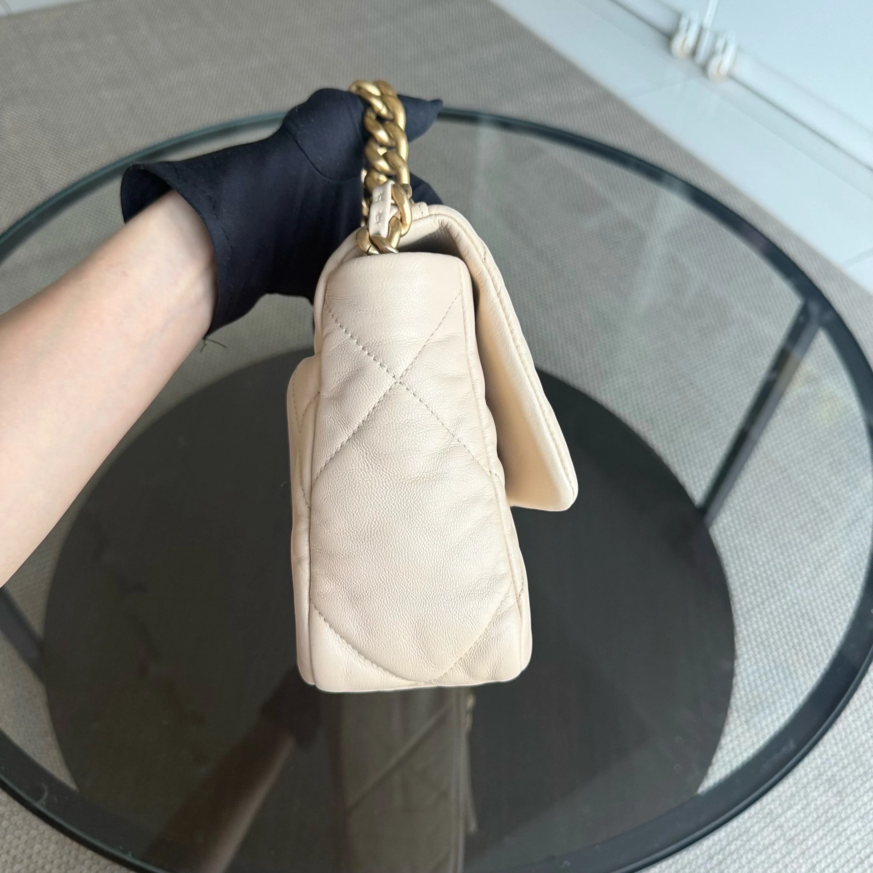 Chanel 19 Bag Small- C19 Quilted Goatskin Light Beige Cream Two-tone Hardware Series 30