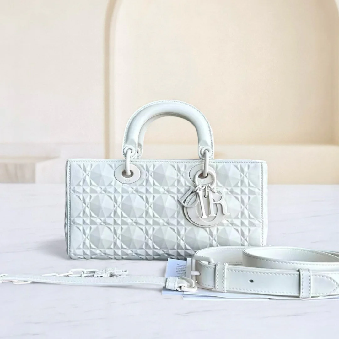 Dior D-Joy Medium Latte Cannage Calfskin Dimond Motif White
