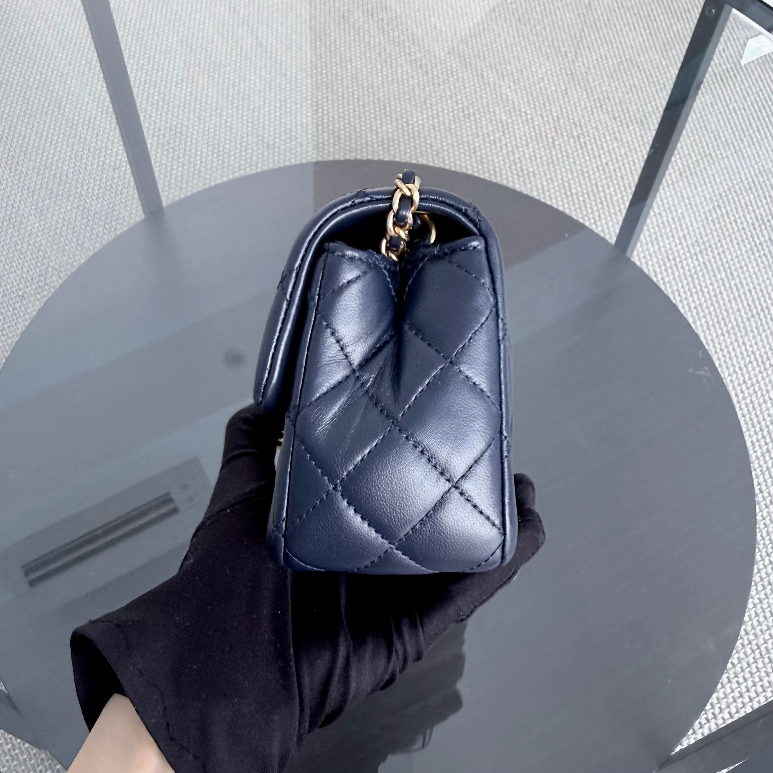 Chanel Classic Flap Mini - 20CM Rectangle Pearl Crush Quilted Lambskin Dark Blue Gold Hardware Series 30