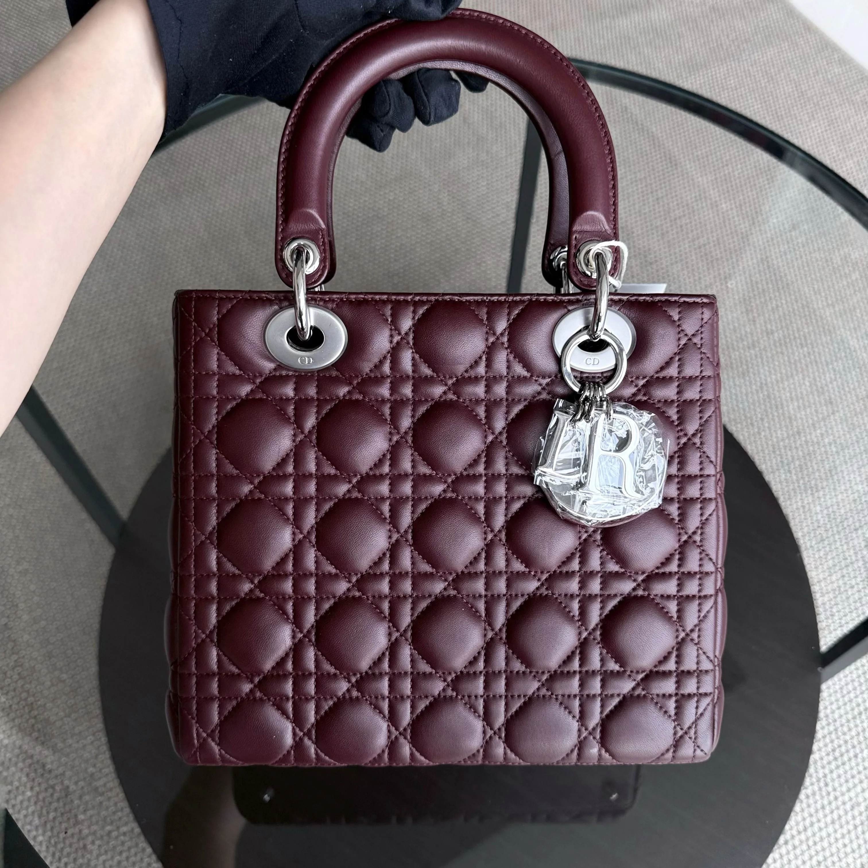 Dior Lady Medium - Cannage Lambskin Burgundy Silver Hardware