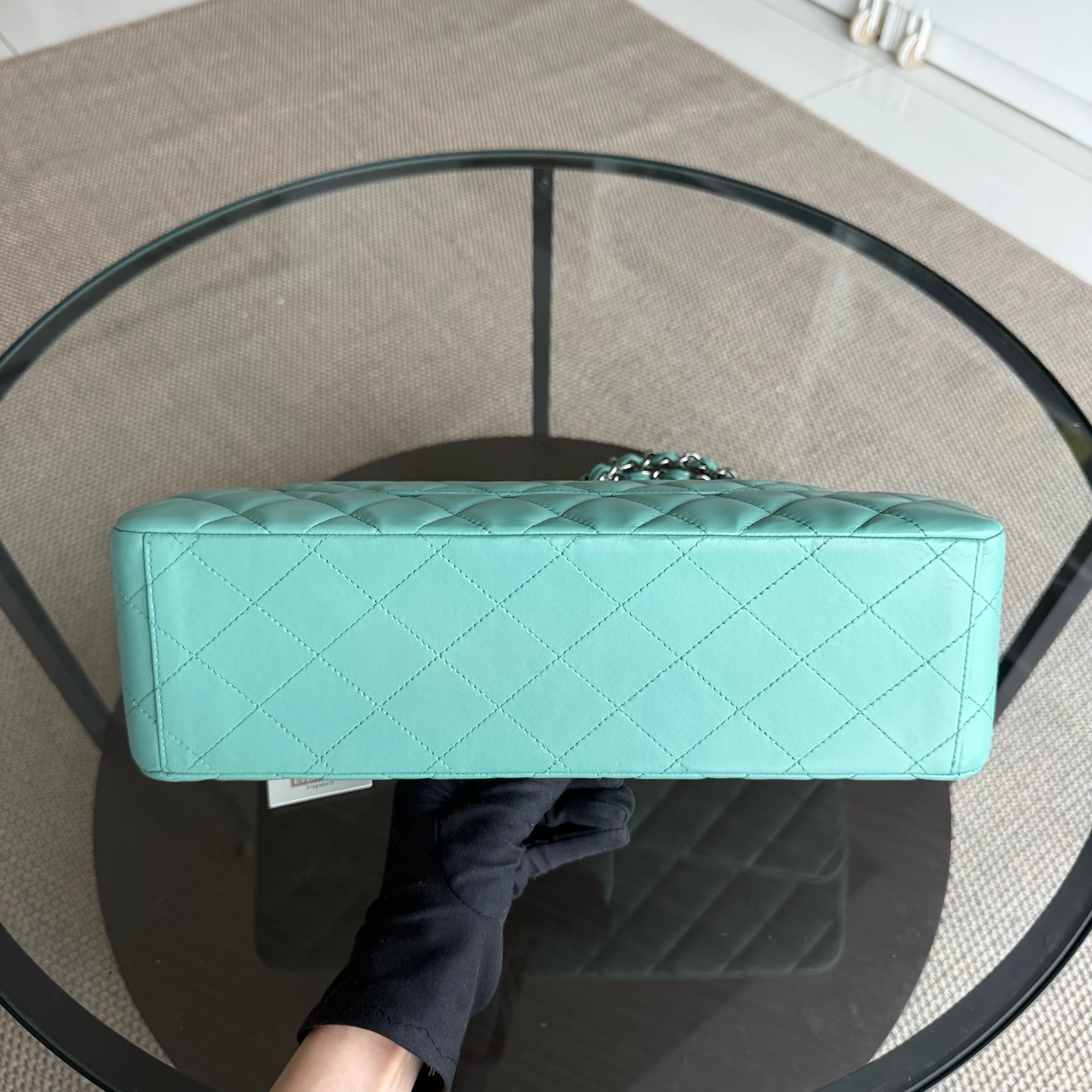 Chanel Classic Flap Maxi - 33CM Quilted Single Flap Lambskin Tiffiny Blue Silver Hardware Series 13