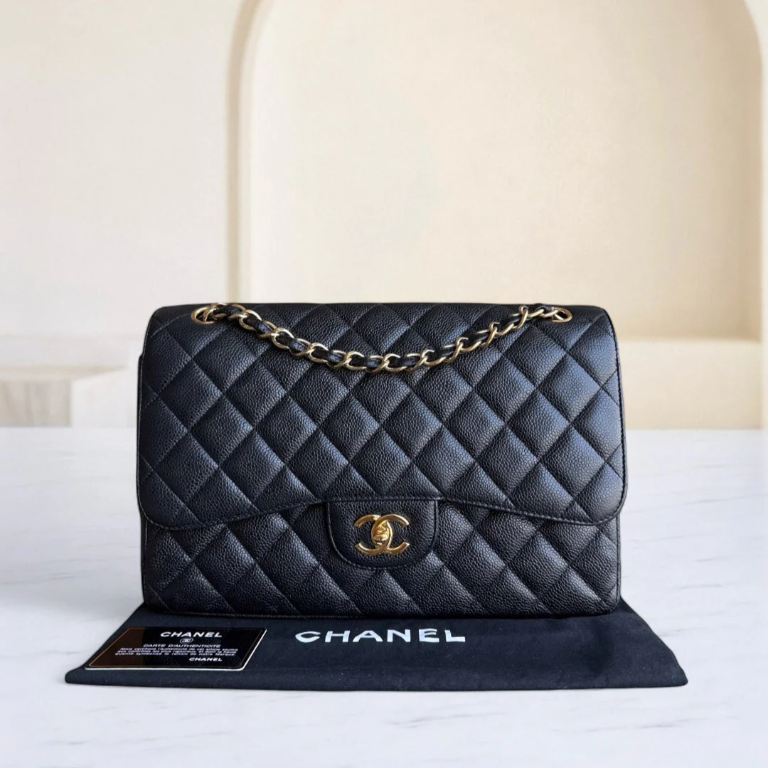 Chanel Classic Flap Jumbo - Caviar 30CM Double Flap Quilted Grained Calfskin Black Gold Hardware Series 16