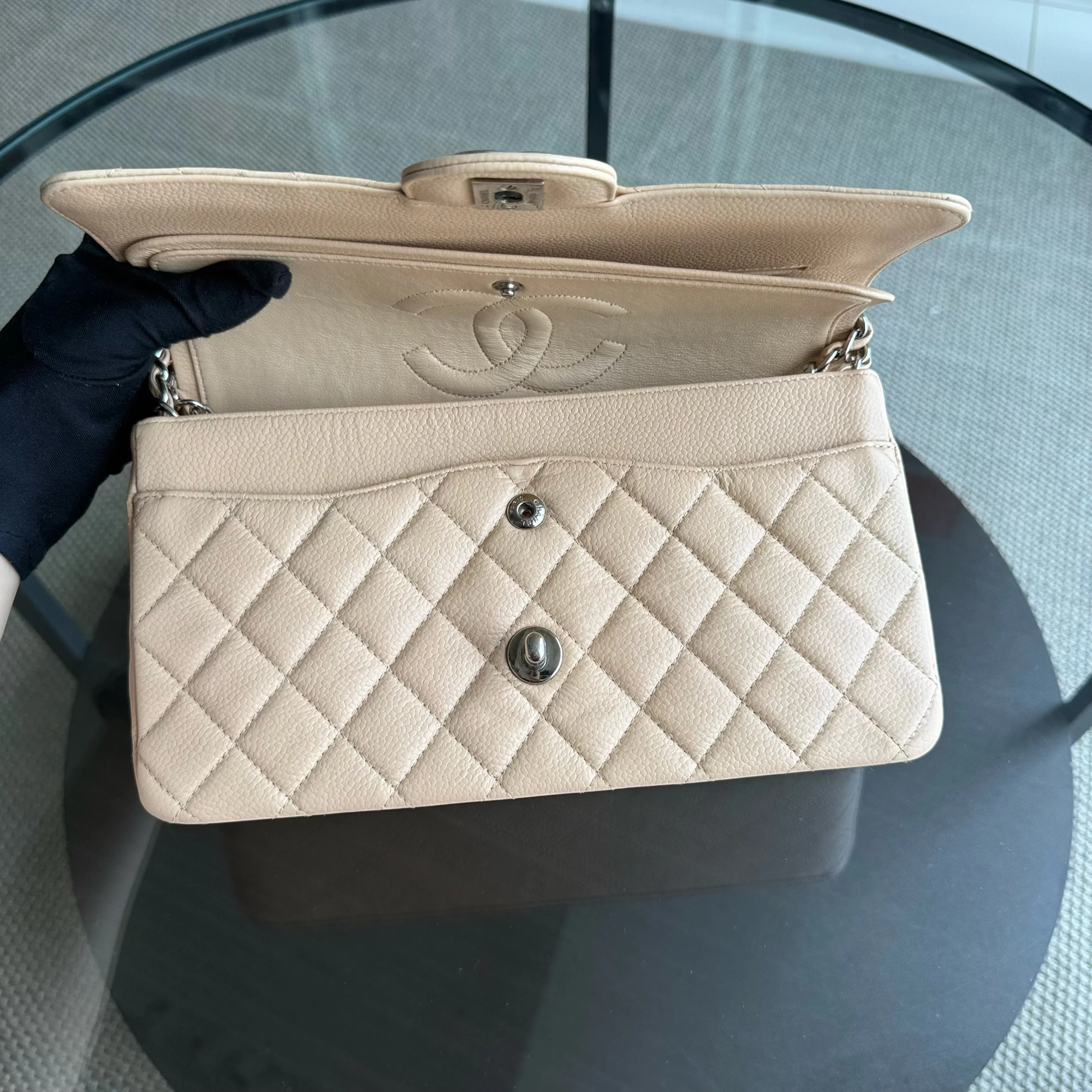 Chanel Classic Flap Medium - 25CM Quilted Caviar Beige Silver Hardware Series 12