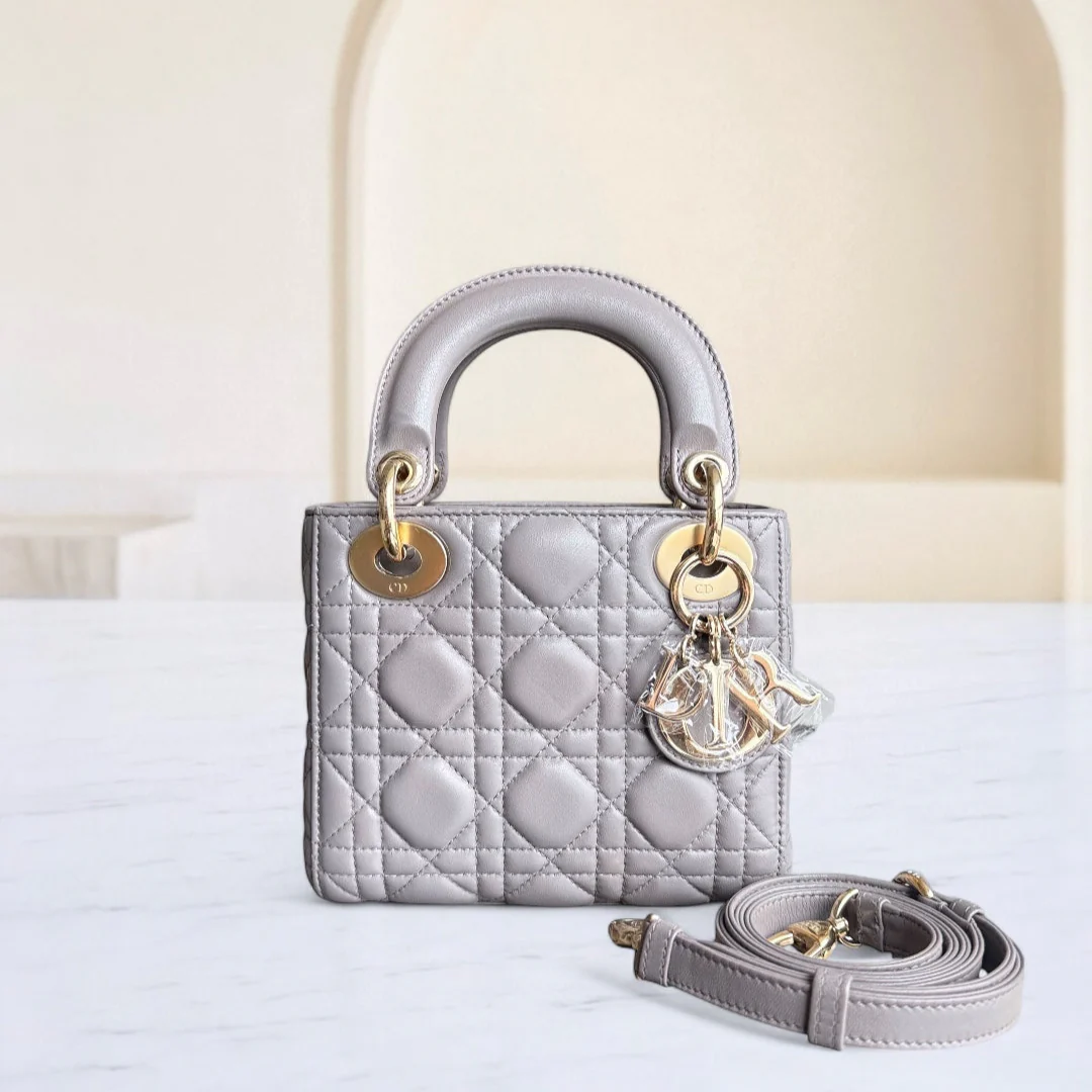 Dior Lady Mini - Cannage Lambskin Grey Gray Gold Hardware Adjustable Strap