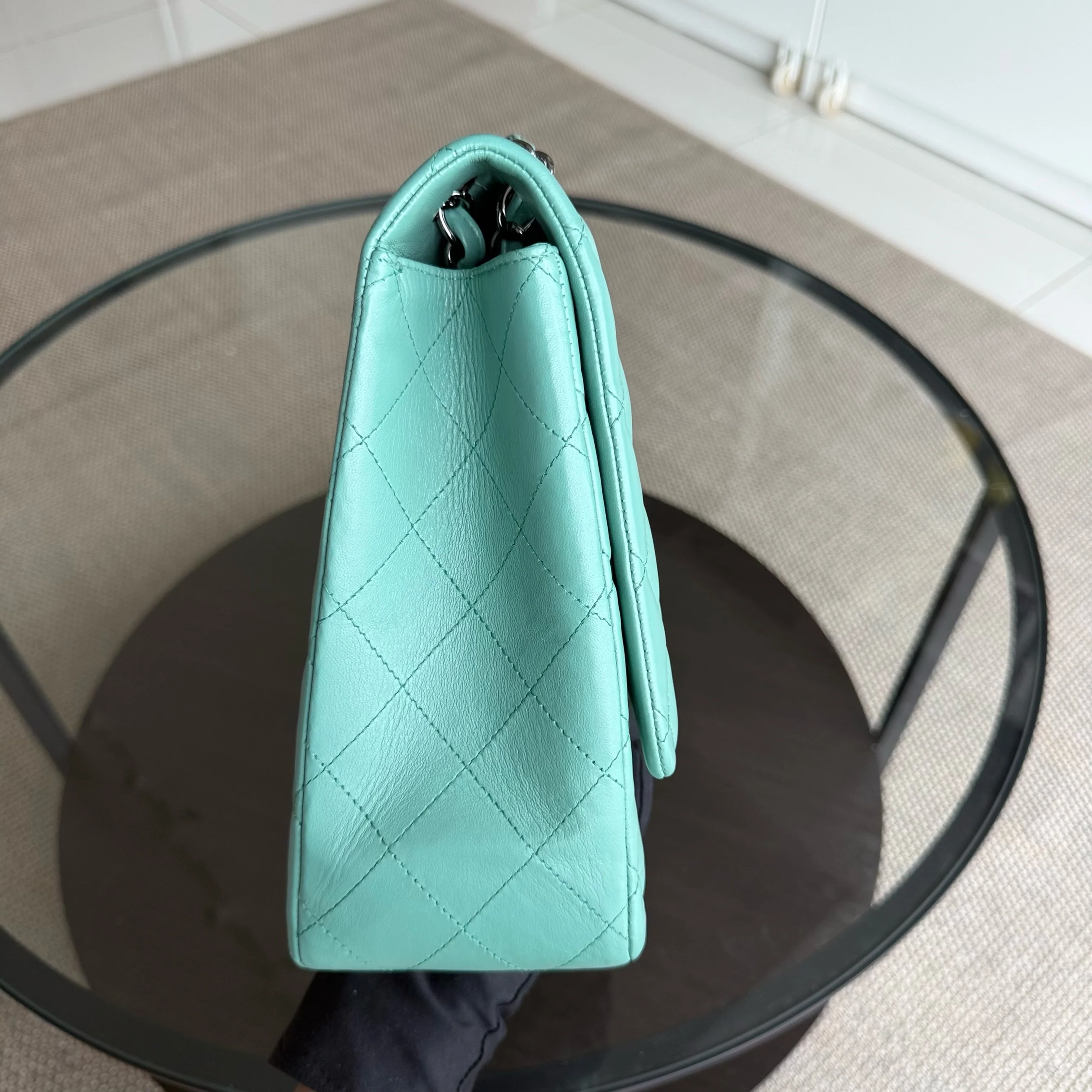 Chanel Classic Flap Maxi - 33CM Quilted Single Flap Lambskin Tiffiny Blue Silver Hardware Series 13