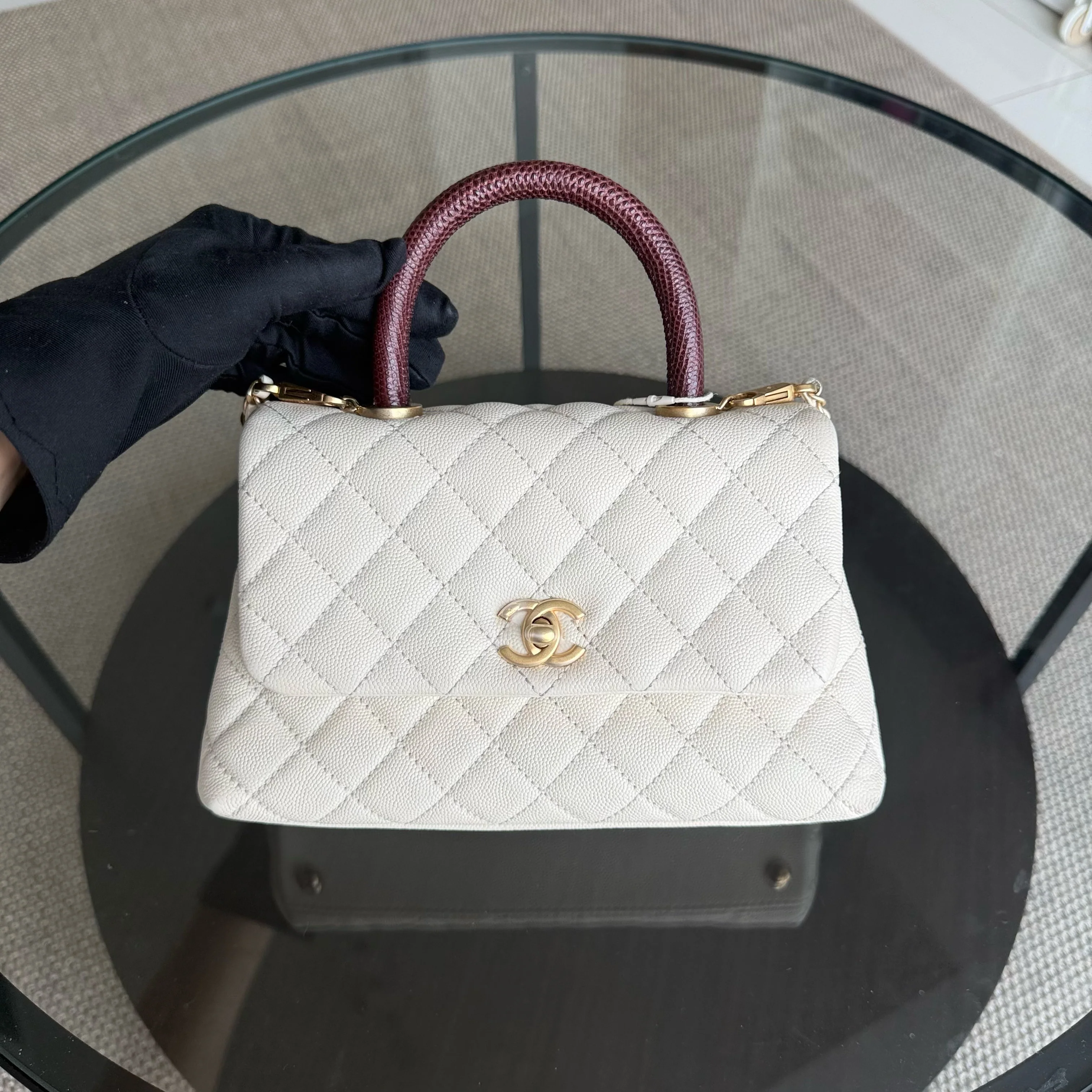 Chanel Coco Handle Small - Caviar Quilted Lizard Handle White Gold Hardward 24