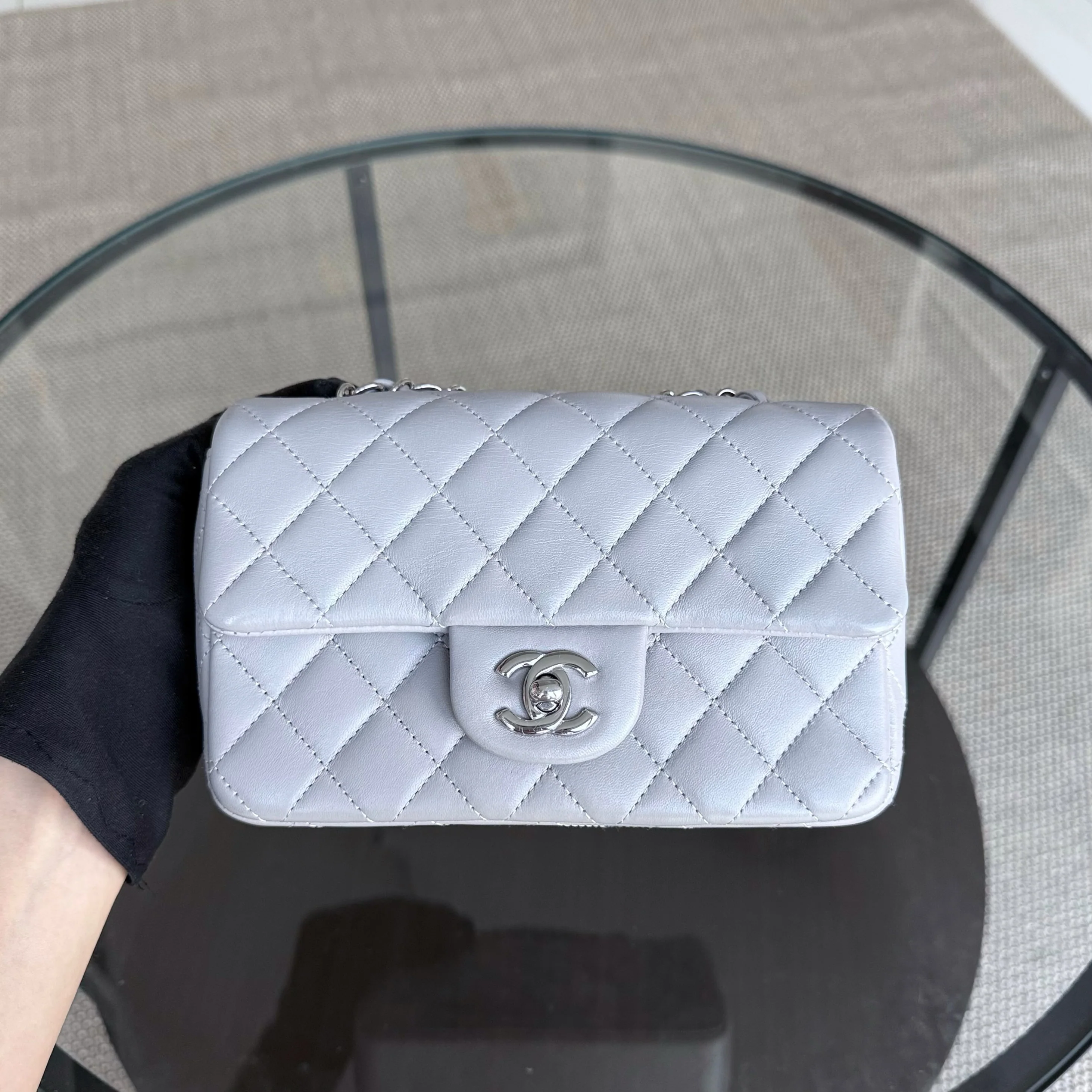 Chanel Lambskin Mini Rectangle Classic Flap - 20CM Quilted Gray Silver Hardware Microchip