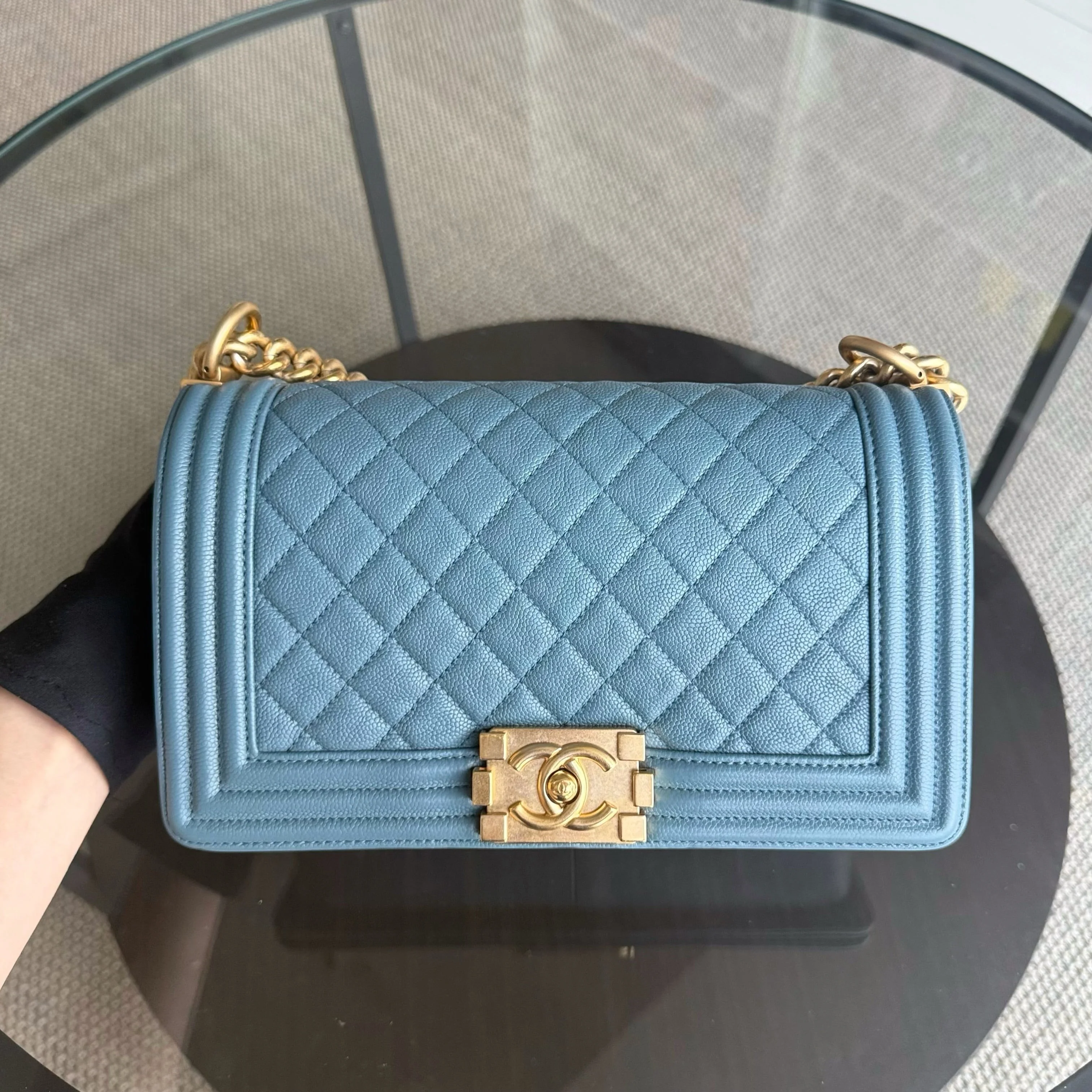 Chanel Boy Medium - Caviar 25CM Quilted Blue Gold Hardware 25