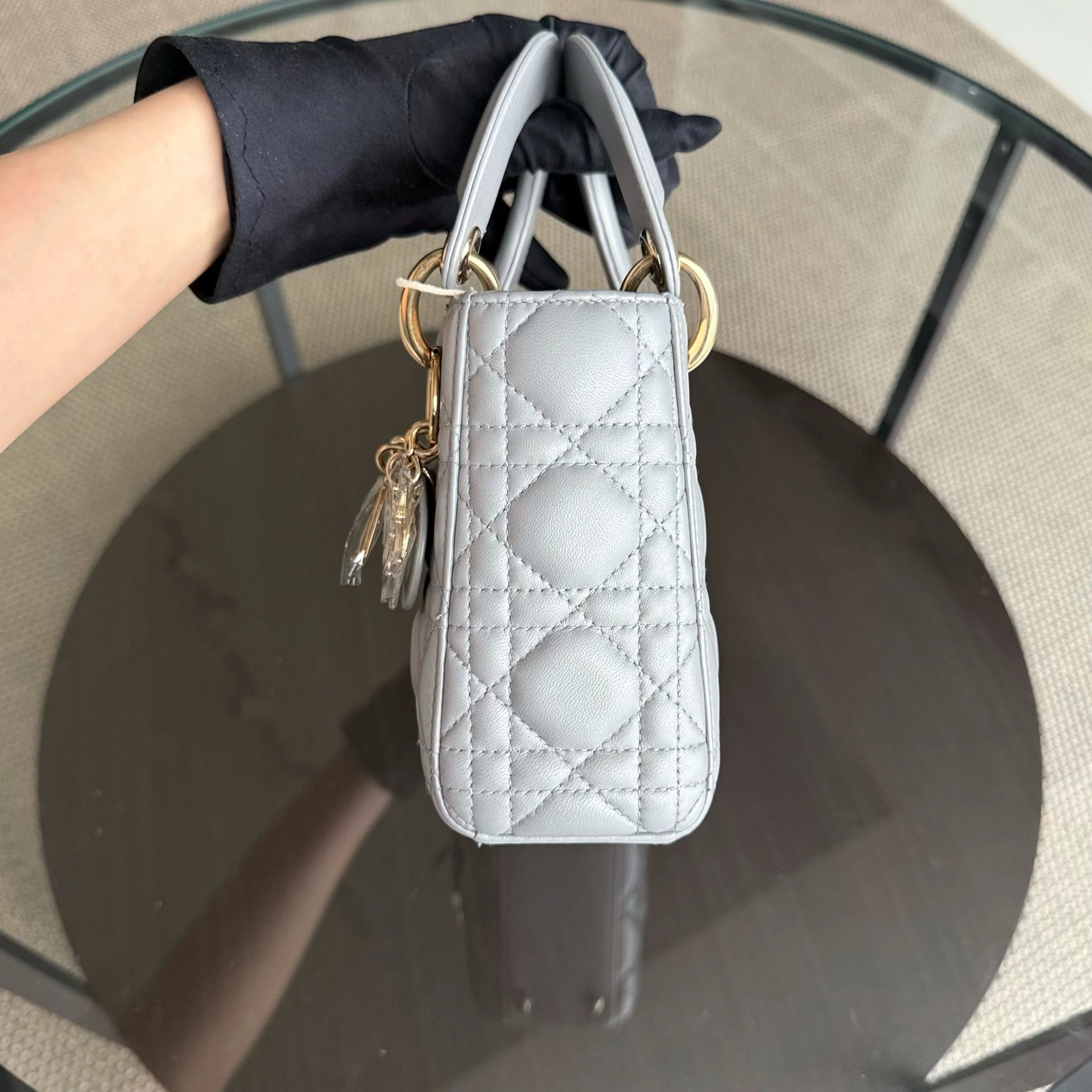 Dior Lady Mini - Cannage Lambskin Gray Gold Hardware Chain Strap