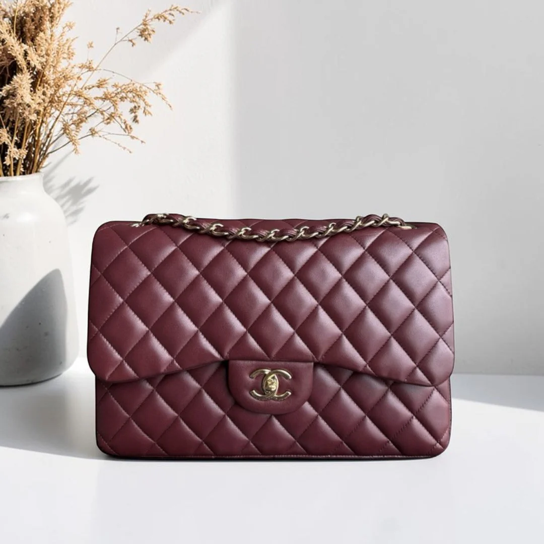 Chanel Classic Flap Jumbo - Double Flap 30CM Quilted Lambskin Burgundy Dark Red Gold Hardware Series 21