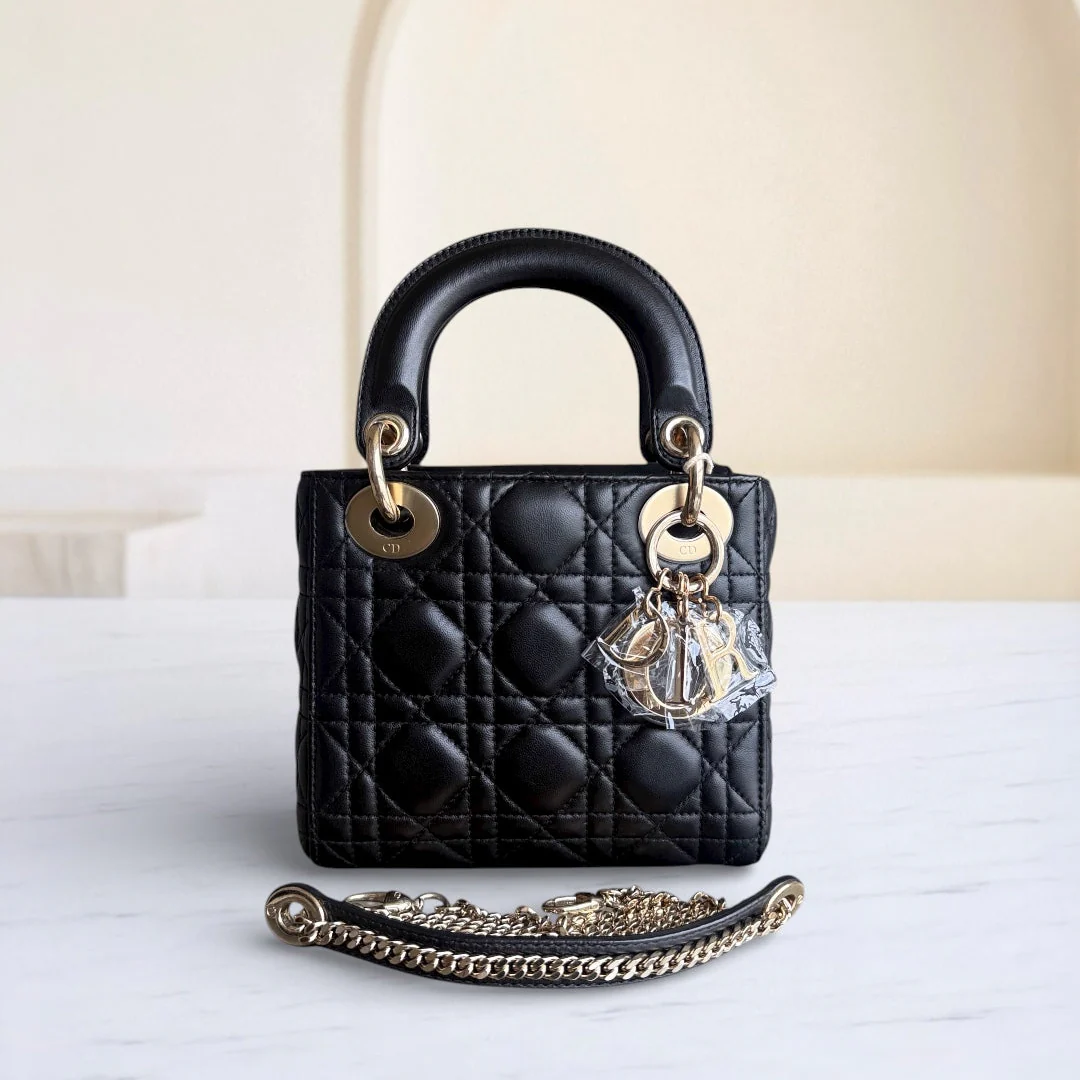 Dior Lady Mini - Cannage Lambskin Black Gold Hardware Chain Strap
