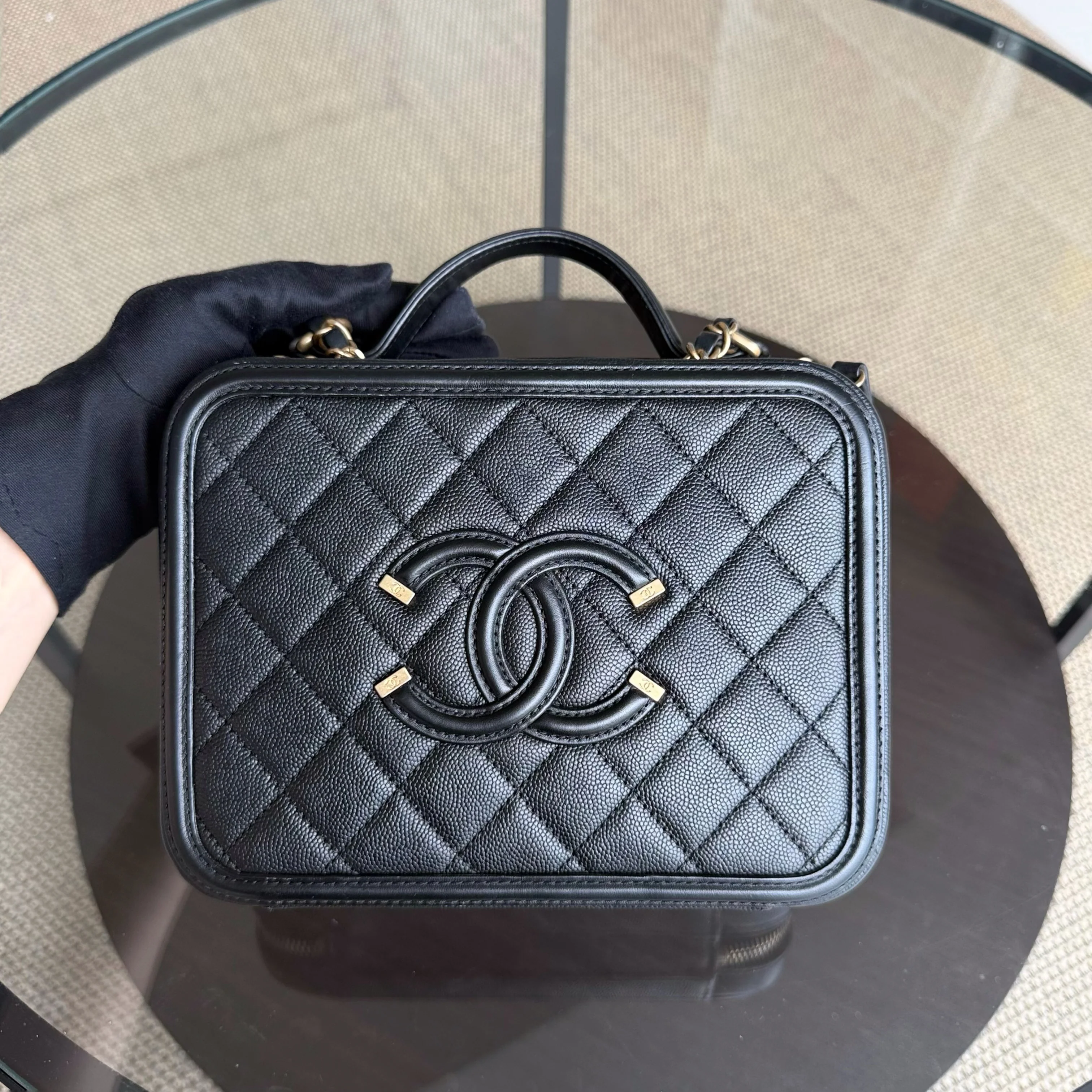 Chanel Filigree Vanity Case Medium - Caviar Quilted Grained Calfskin Black Gold Hardware Series 25