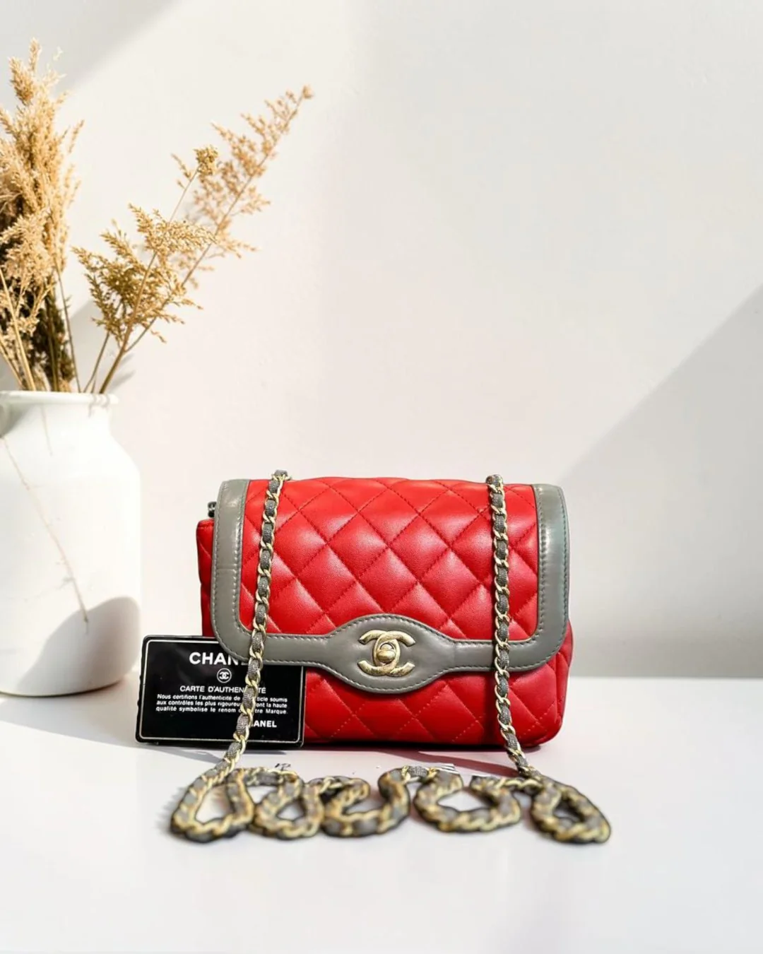 Chanel Seasonal Flap - Two Tone Quilted Lambskin Red Grey Golden Hardware Series 23