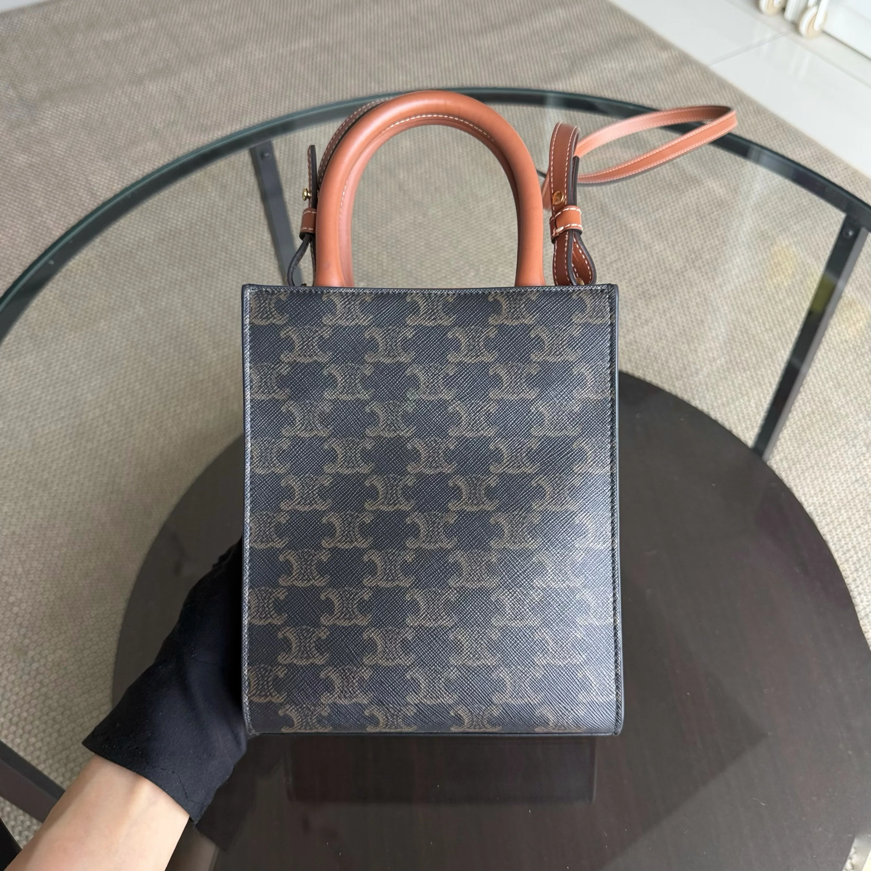 Celine Vertical Top Handle Bag Brown Coated Canvas Gold hardware