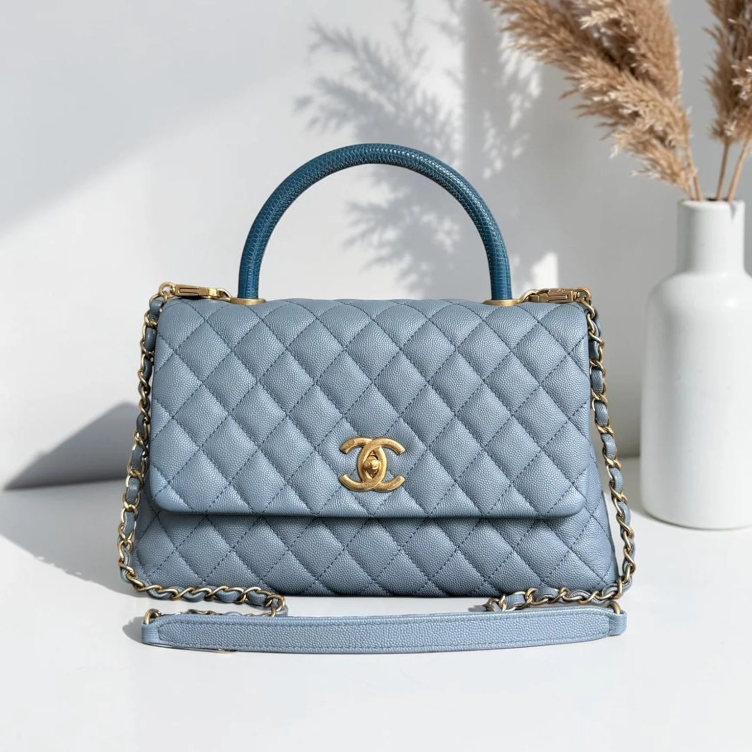 Chanel Coco Handle Medium - Caviar 29CM Quilted Sky Blue Gold Hardware Series 27