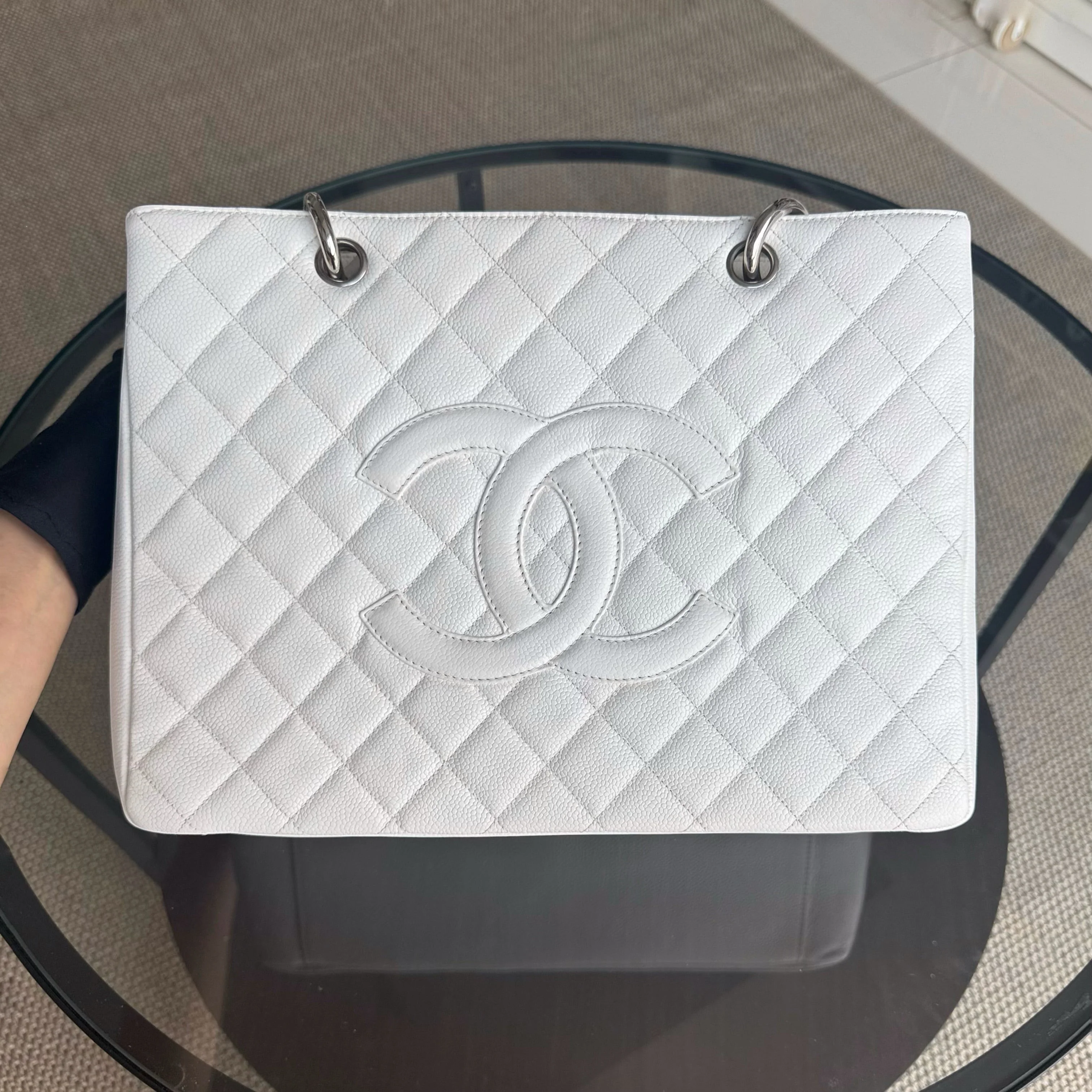 Chanel GST Grand Shopping Tote - Caviar Quilted White Silver Hardware