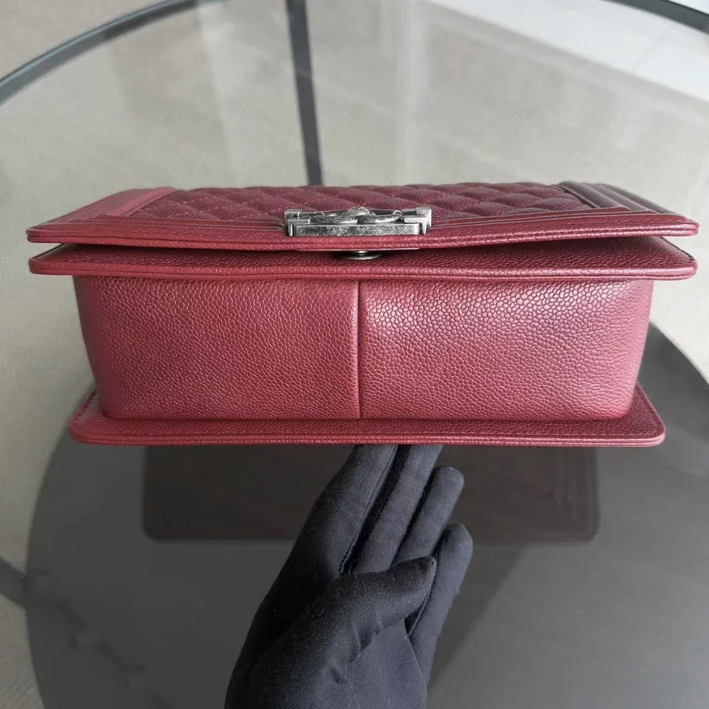 Chanel Boy Medium - Caviar 25CM Quilted Burgundy Dark Red Ruthenium Silver Hardware Series 19
