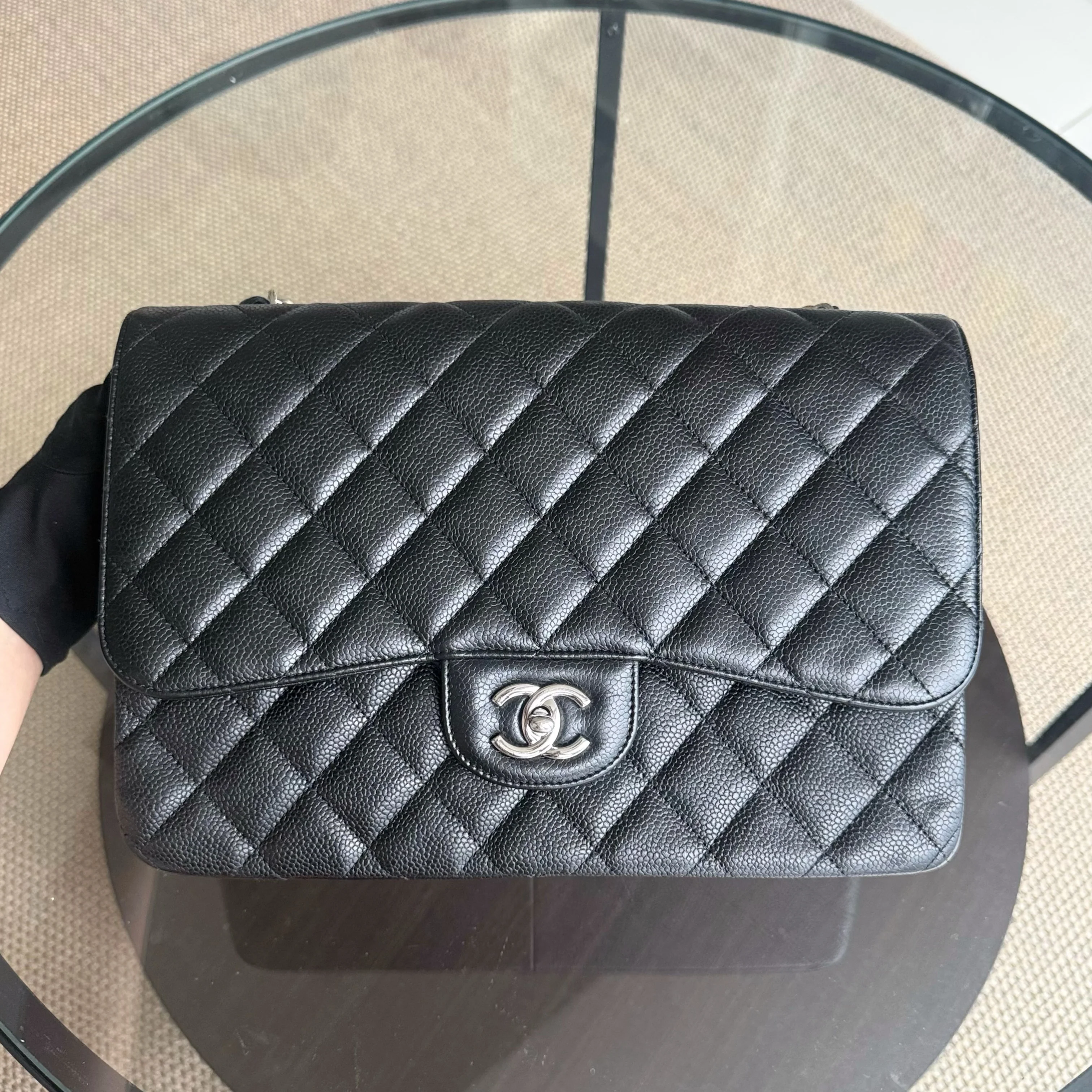 Chanel Caviar Jumbo Classic Flap Quilted Grained Calfskin Black Silver Hardware Series 13