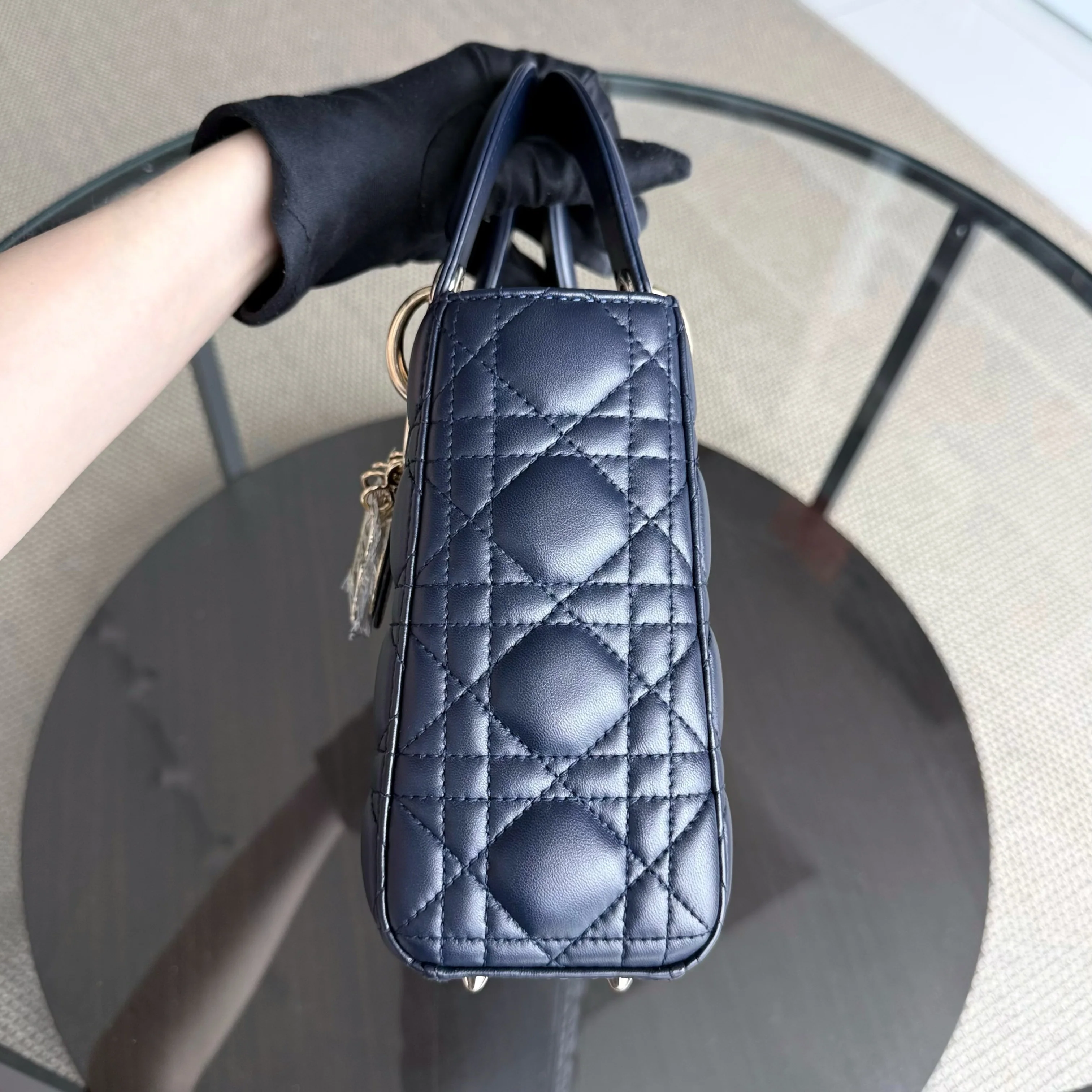 Dior Lady Small Flap - Cannage Lambskin Dark Navy Blue Gold Hardware with Charms