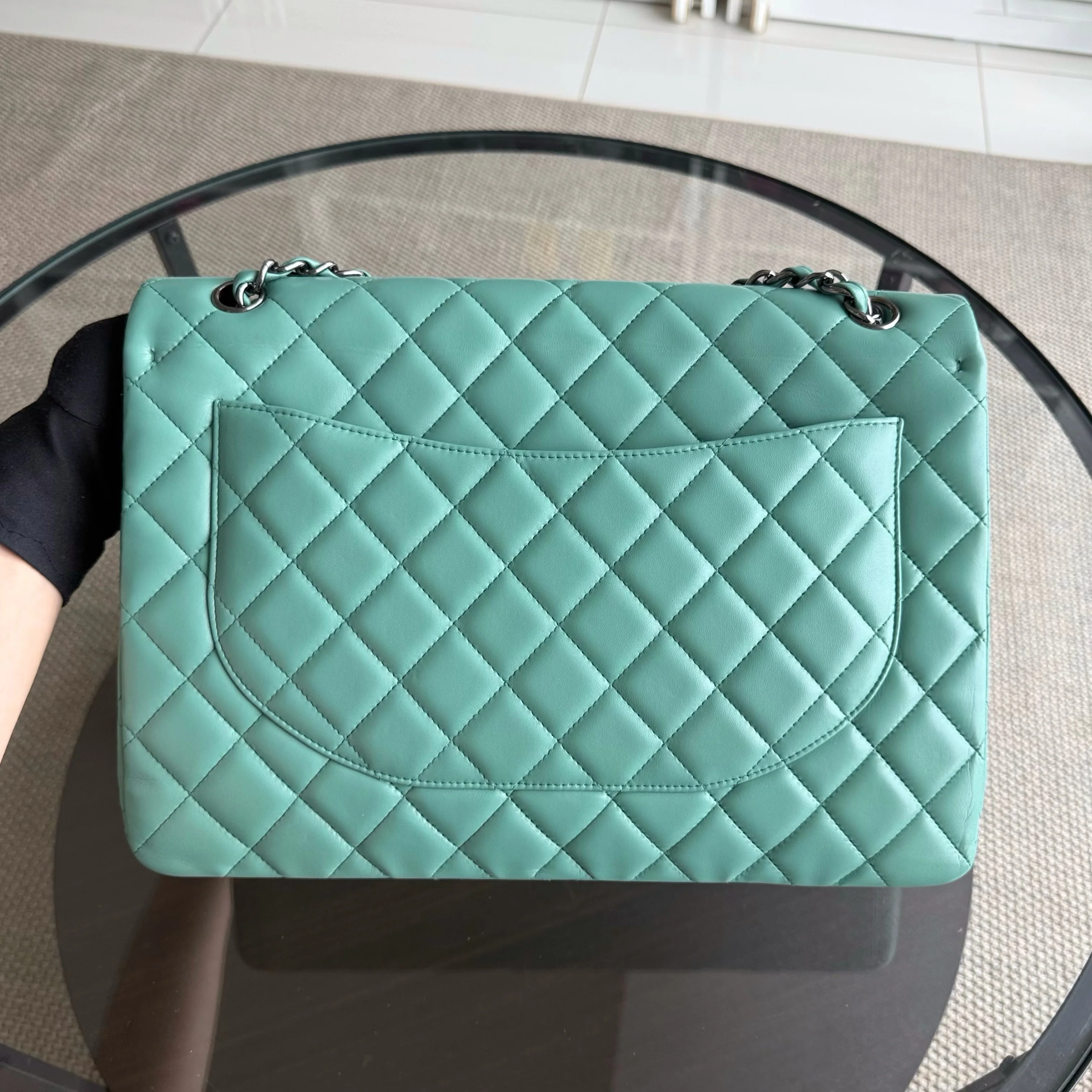 Chanel Classic Flap Maxi - 33CM Quilted Single Flap Lambskin Tiffiny Blue Silver Hardware Series 13