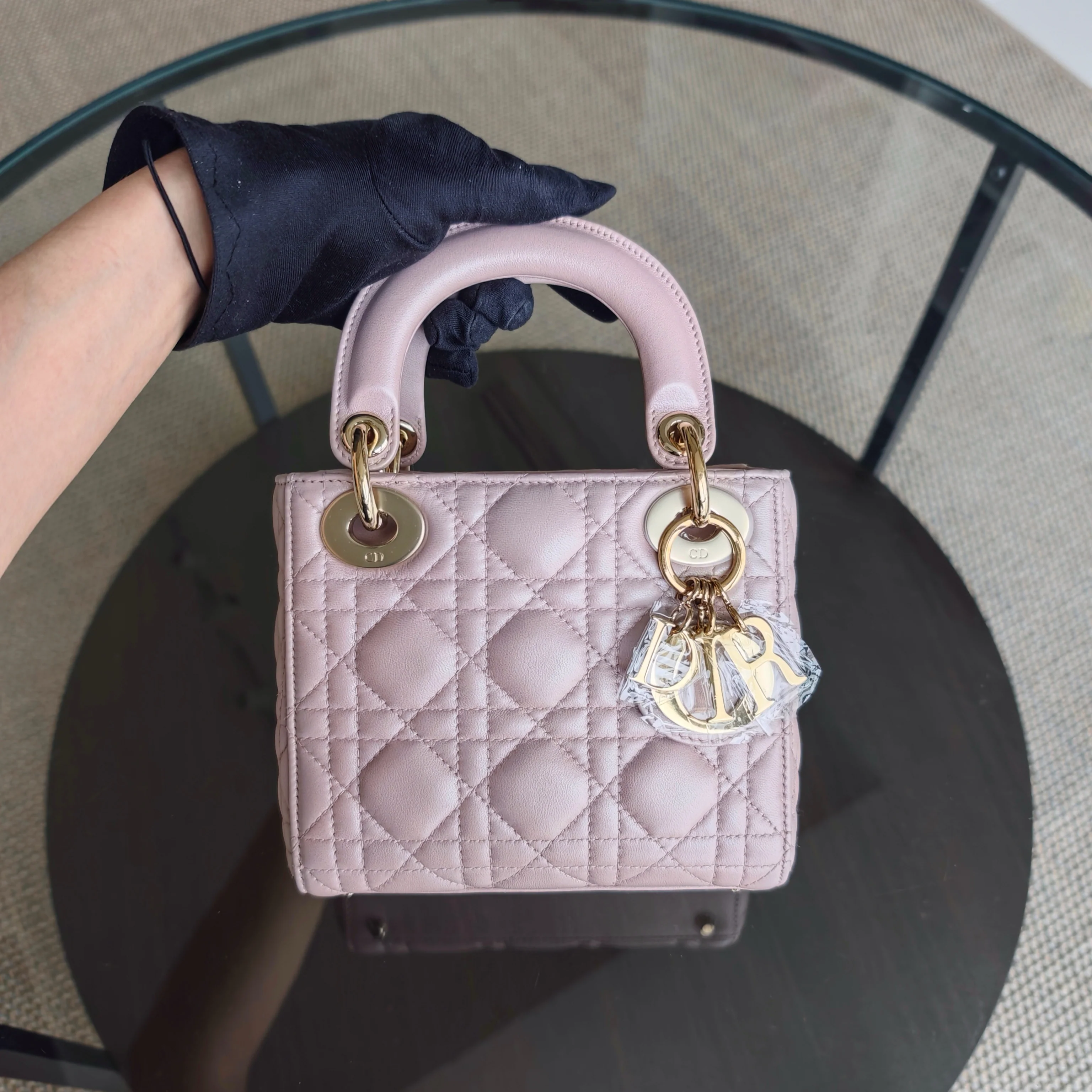 Dior Lady Mini - Cannage Lambskin Light Pink Gold Hardware Chain Strap