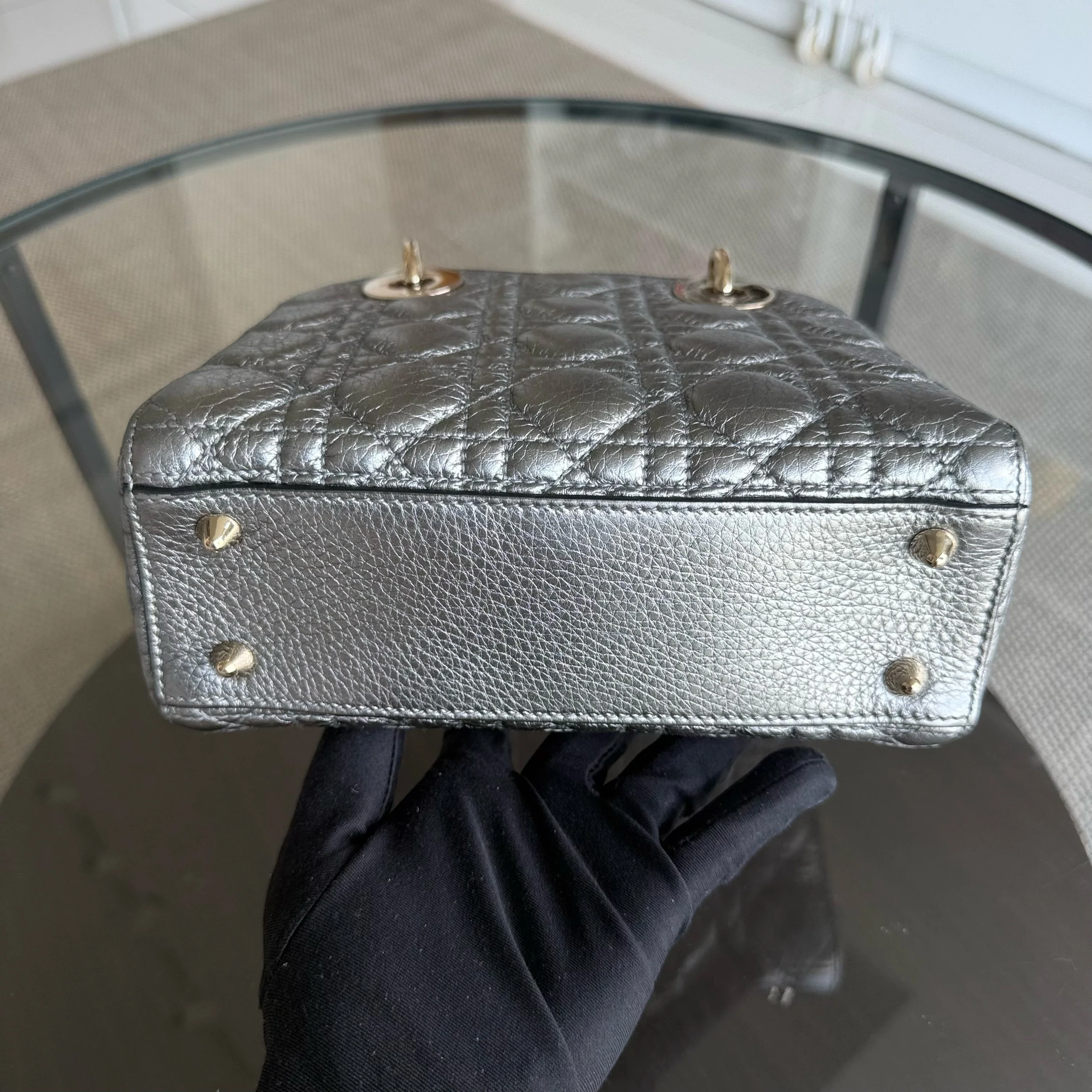 Dior Lady Small - Cannage Gray Calfskin Gold Hardware