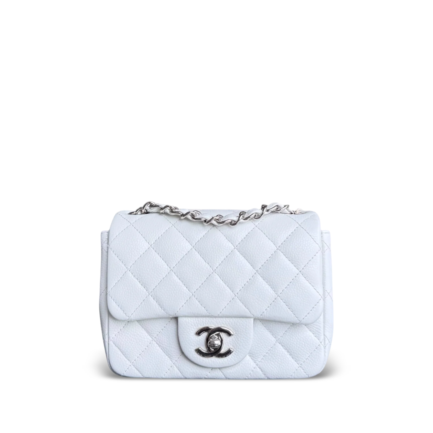 Chanel Classic Flap Mini Square - Caviar Quilted White Silver Hardware Series 18