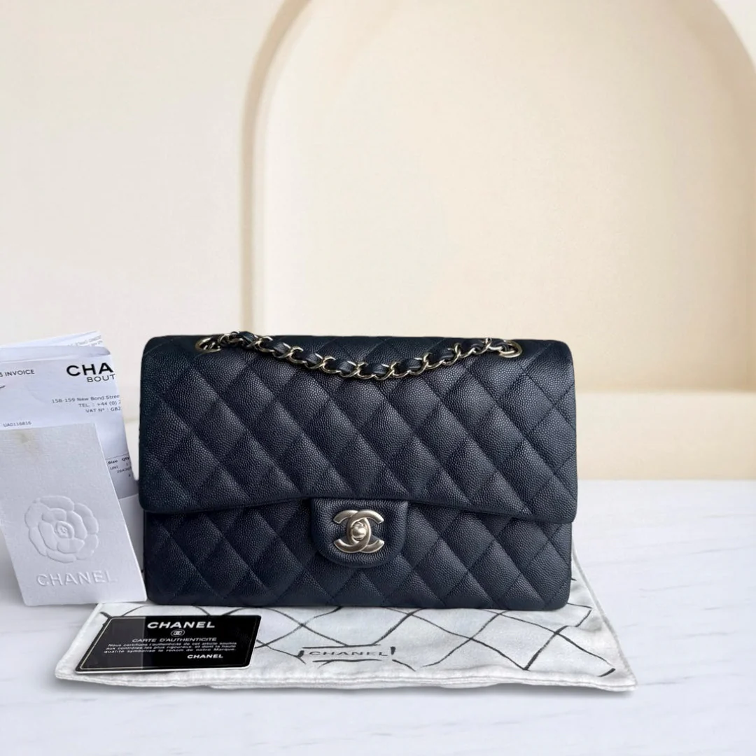 Chanel Classic Flap Medium - Caviar 25CM Quilted Dark Navy Blue Light Gold Hardware Series 26