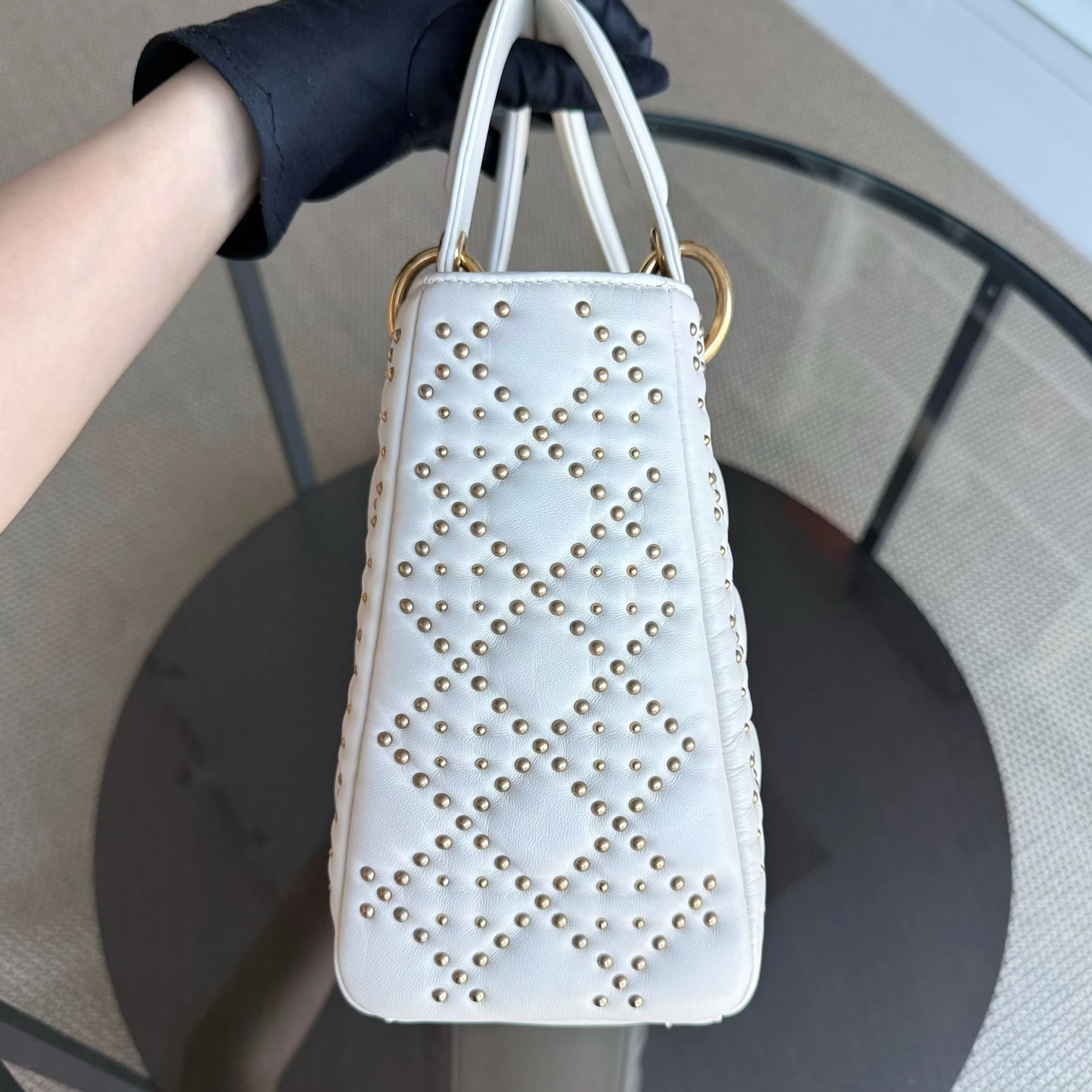 Dior Lady Medium - Cannage Calfskin Studded White Gold Hardware Zip Version