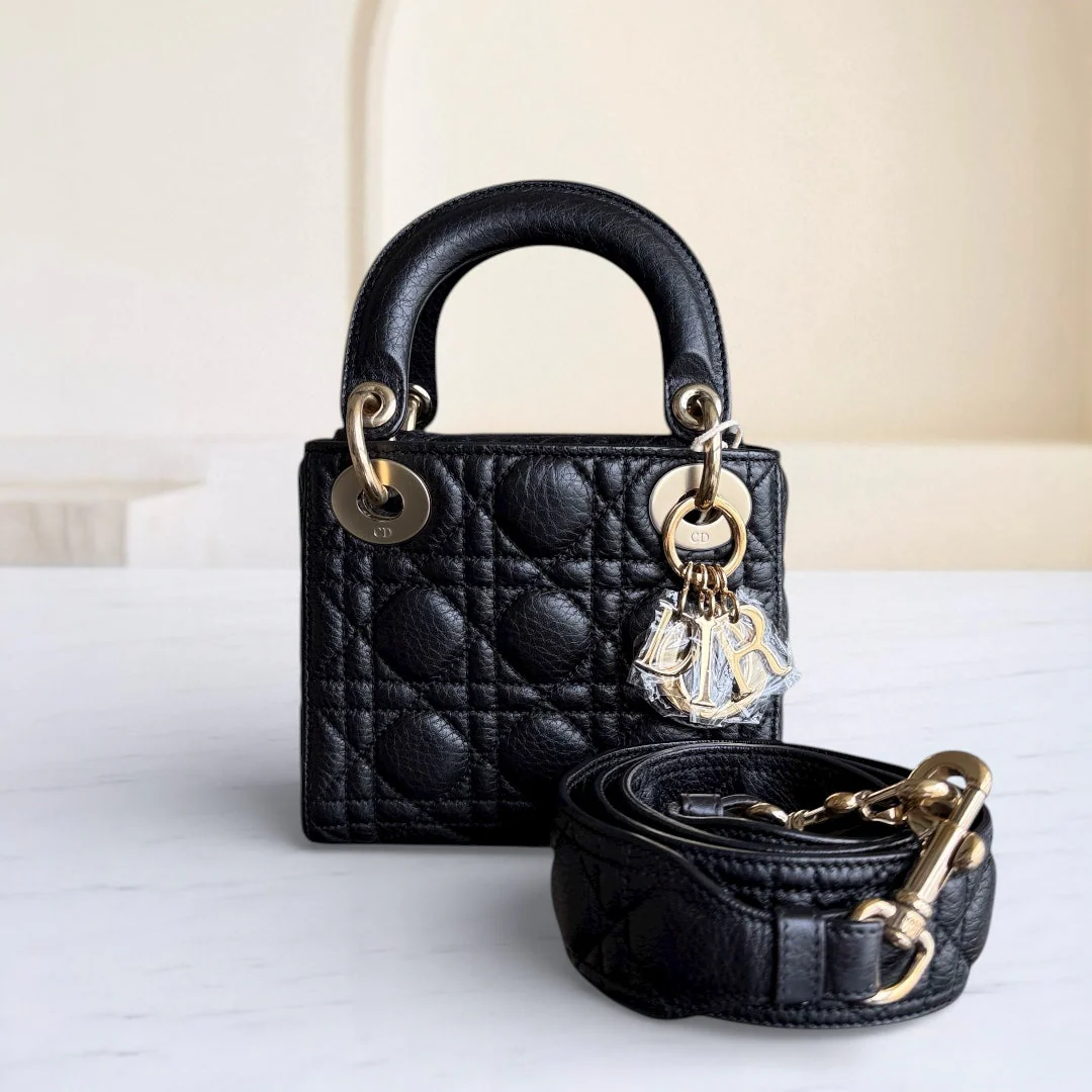 Dior Lady Mini - Cannage Grained Calfskin Black Gold Hardware