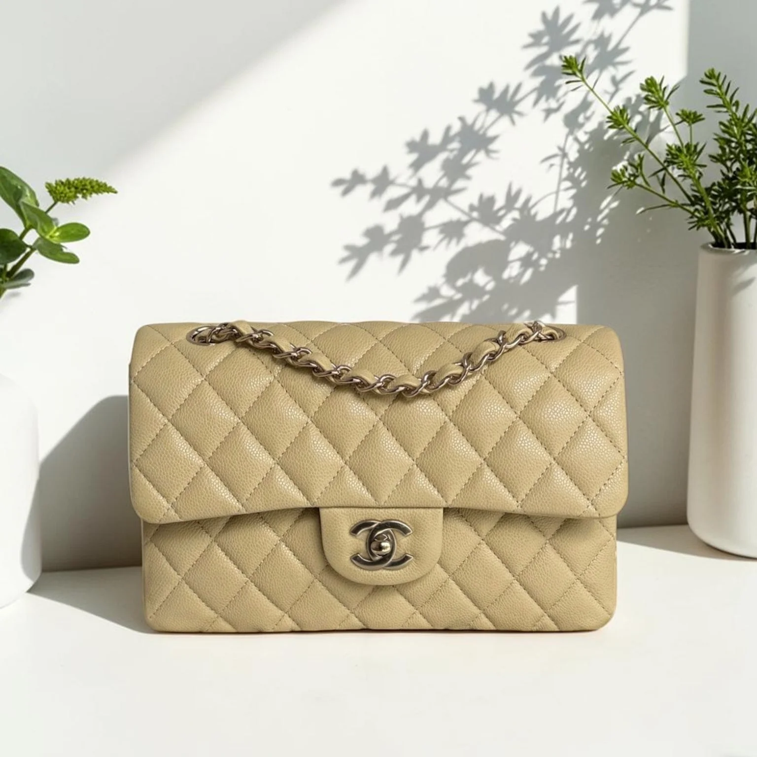 Chanel Classic Flap Small - Caviar 23CM Quilted Beige Gold Hardware Microchip