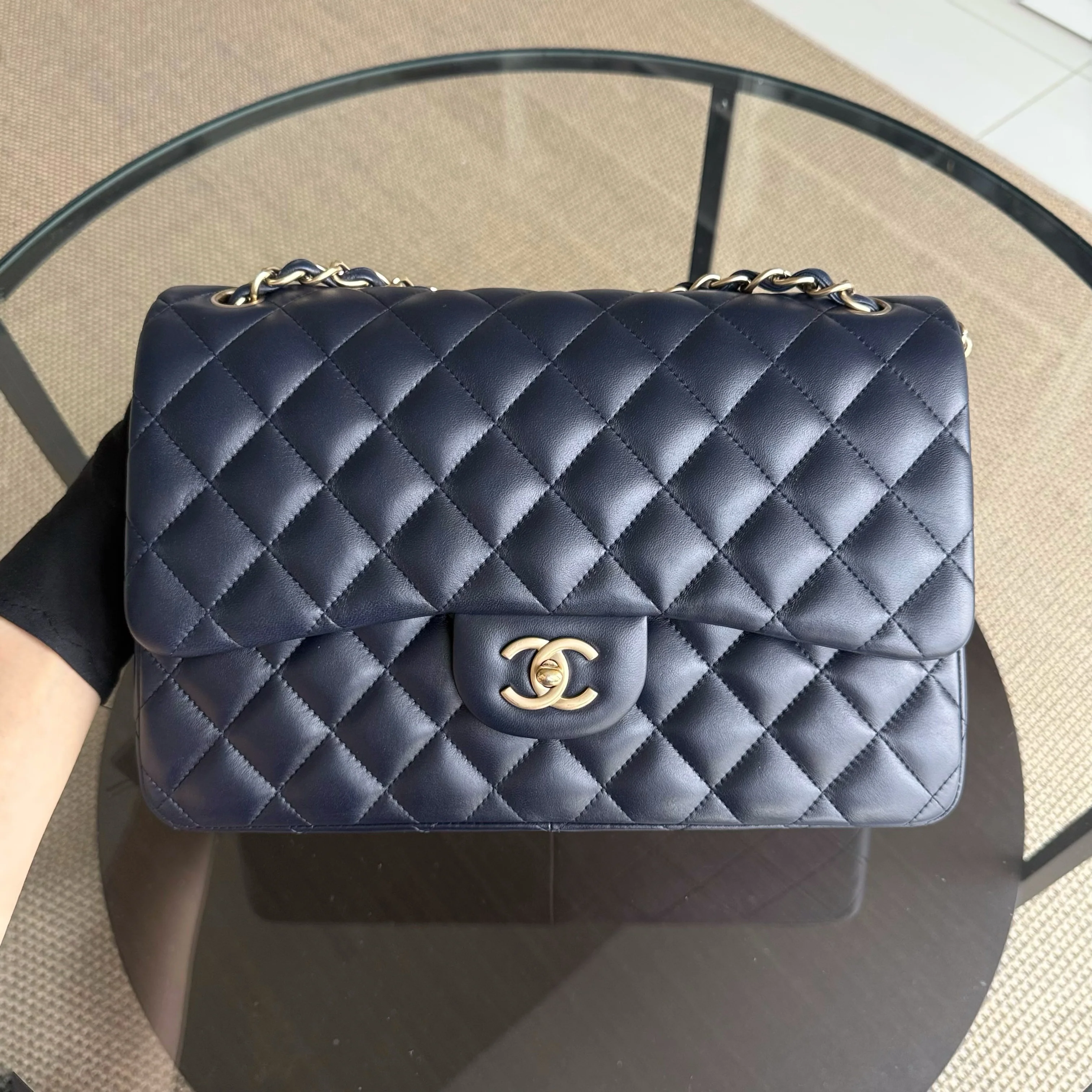 Chanel Classic Flap Jumbo - Double Flap 30CM Quilted Lambskin Dark Blue Gold Hardware Series 20
