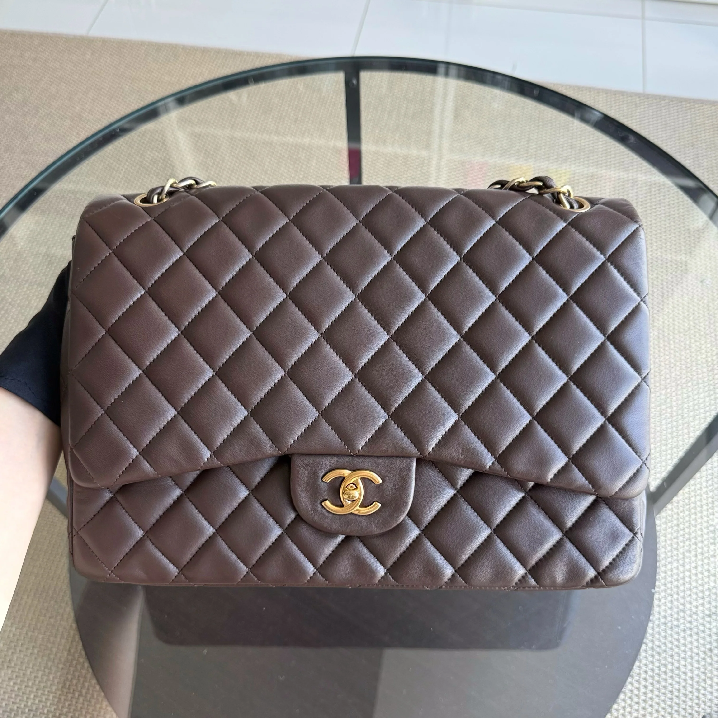 Chanel Classic Flap Maxi - Quilted Lambskin Single Flap Brown Gold Hardware Series 14