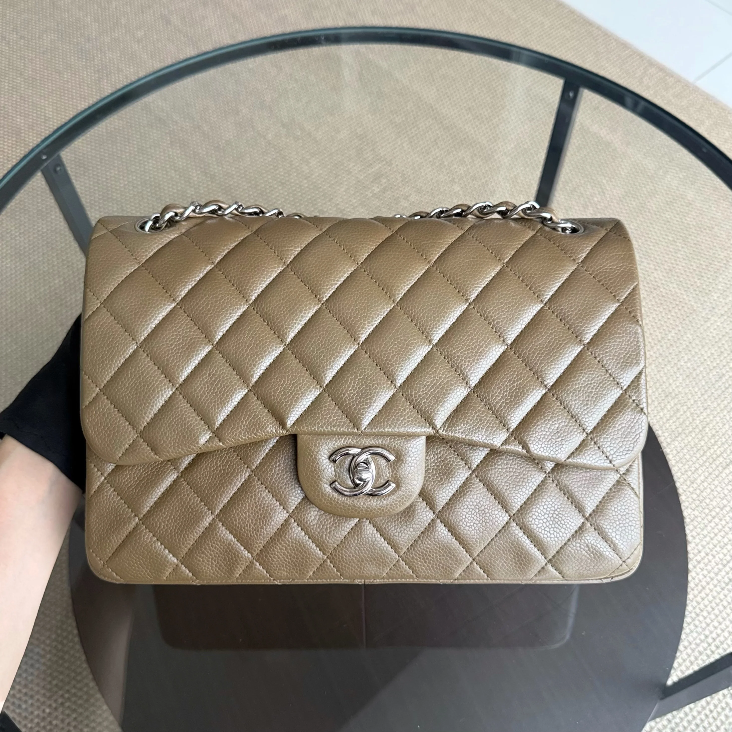 Chanel Classic Flap Jumbo - Caviar Quilted Double Flap Olive Green Silver Hardware Series 16