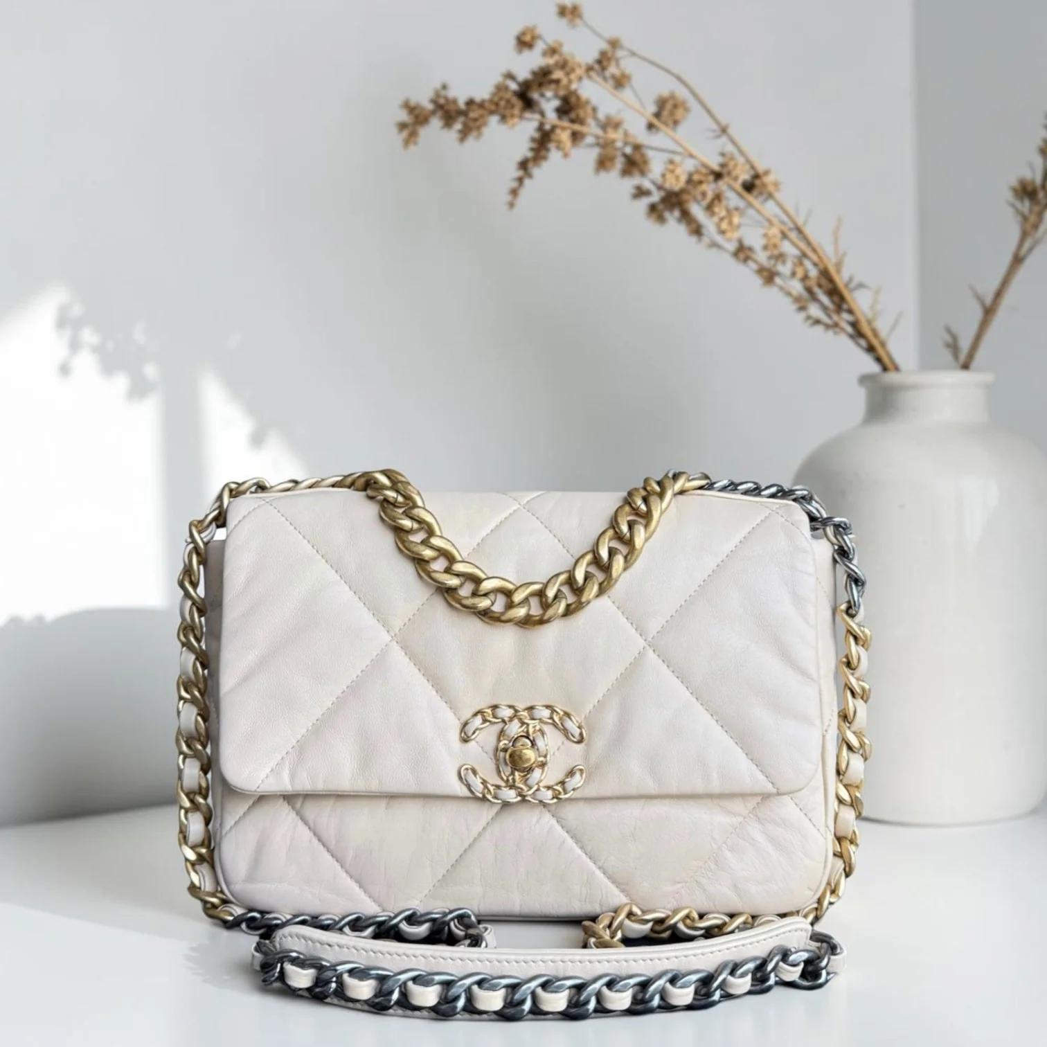 Chanel 19 Bag Small- C19 Quilted Goatskin Light Beige Cream Two-tone Hardware Series 30