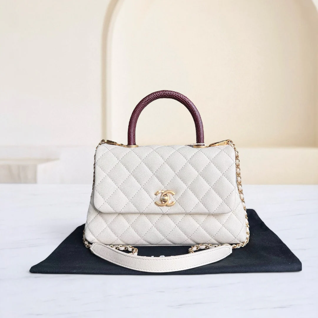 Chanel Coco Handle Small - Caviar Quilted Lizard Handle White Gold Hardward 24